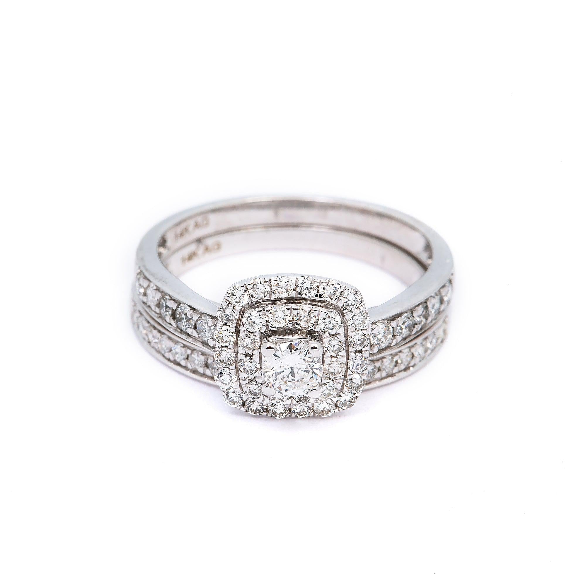 14K WHITE GOLD DOUBLE HALO ENGAGEMENT RING SET WITH 1.0 CT DIAMONDS