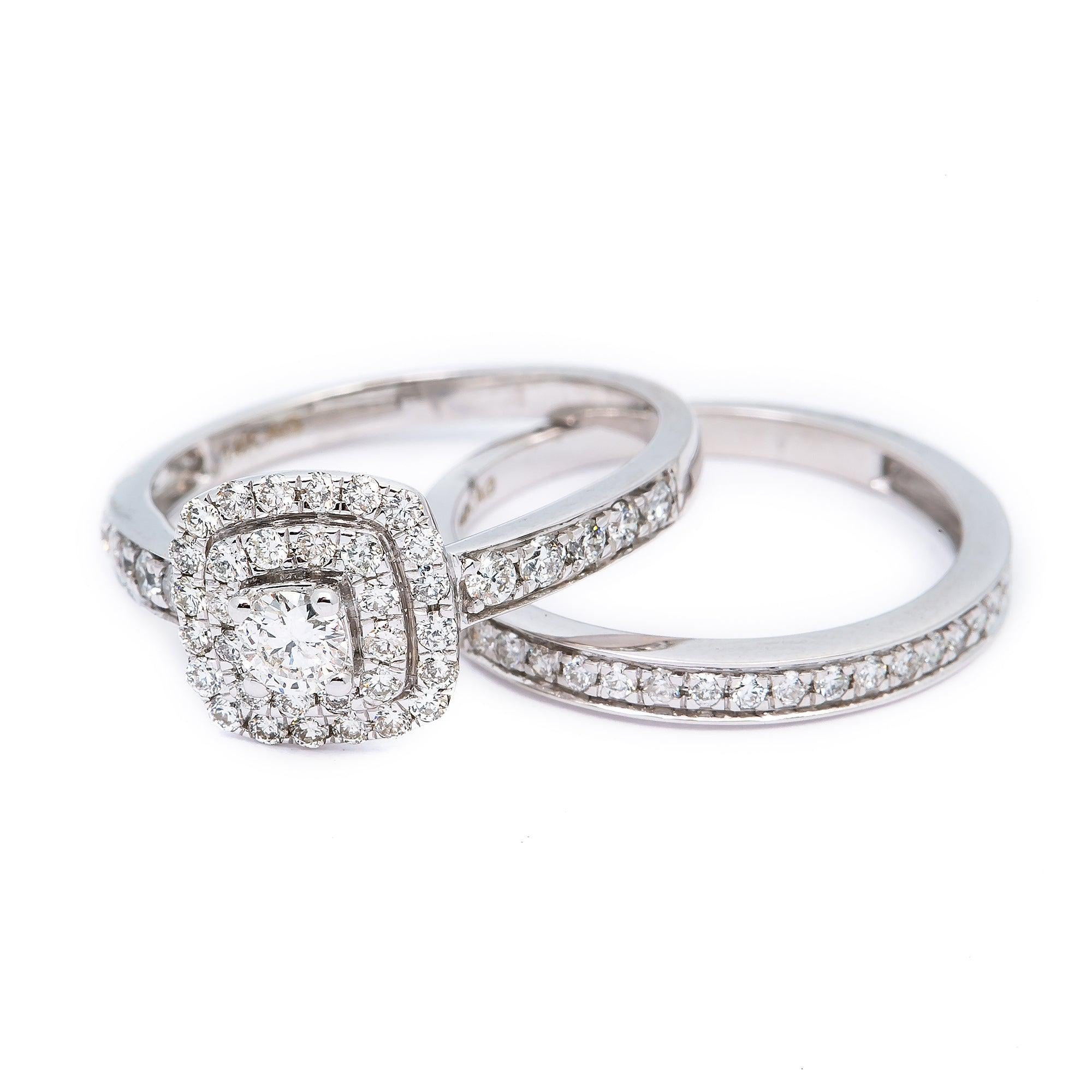 14K WHITE GOLD DOUBLE HALO ENGAGEMENT RING SET WITH 1.0 CT DIAMONDS