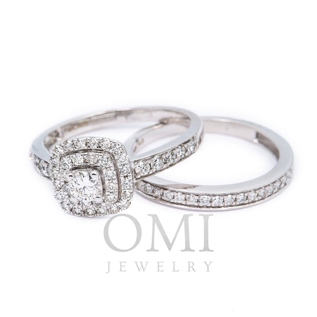 14K WHITE GOLD DOUBLE HALO ENGAGEMENT RING SET WITH 1.0 CT DIAMONDS