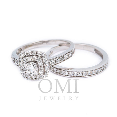 14K WHITE GOLD DOUBLE HALO ENGAGEMENT RING SET WITH 1.0 CT DIAMONDS