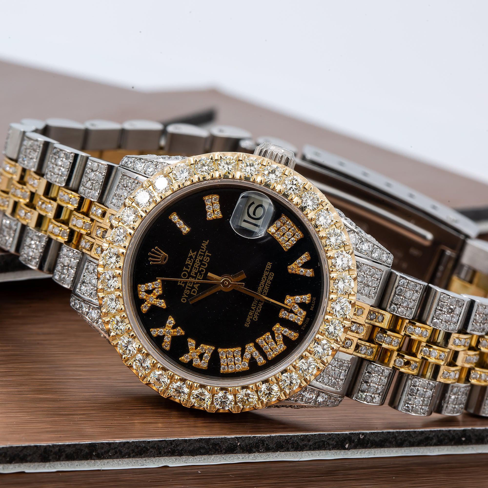 Rolex Datejust 31MM 68273 Black Roman Diamond Dial Diamond Bezel Two Tone Yellow Gold Full Diamond Jubilee Bracelet