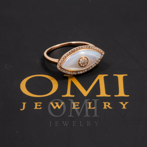 14K GOLD DIAMOND EVIL EYE RING WITH MOTHER OF PEARL 0.20 CT