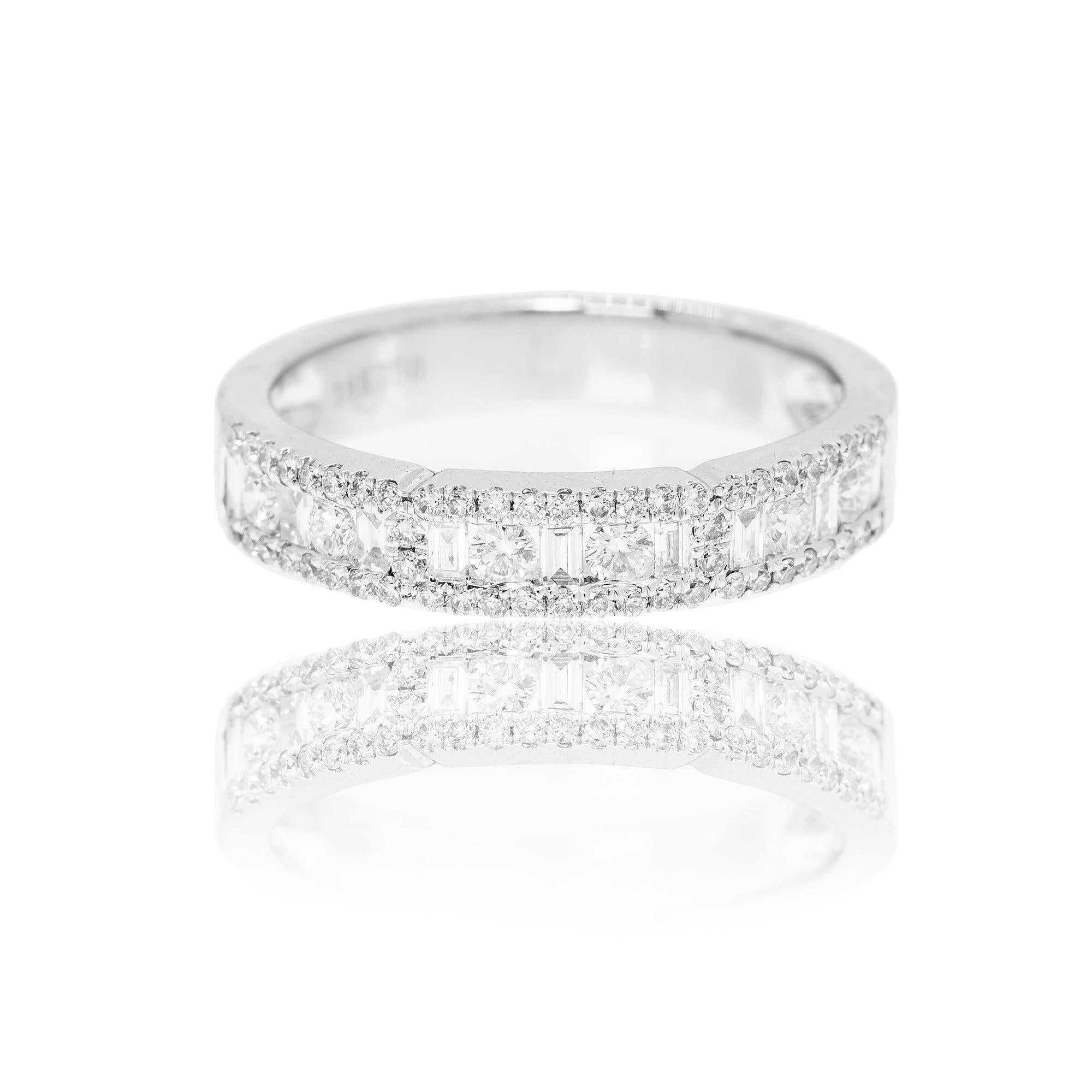 18K White Gold Ladies Ring with 0.64 CT Baguette And Round Diamonds