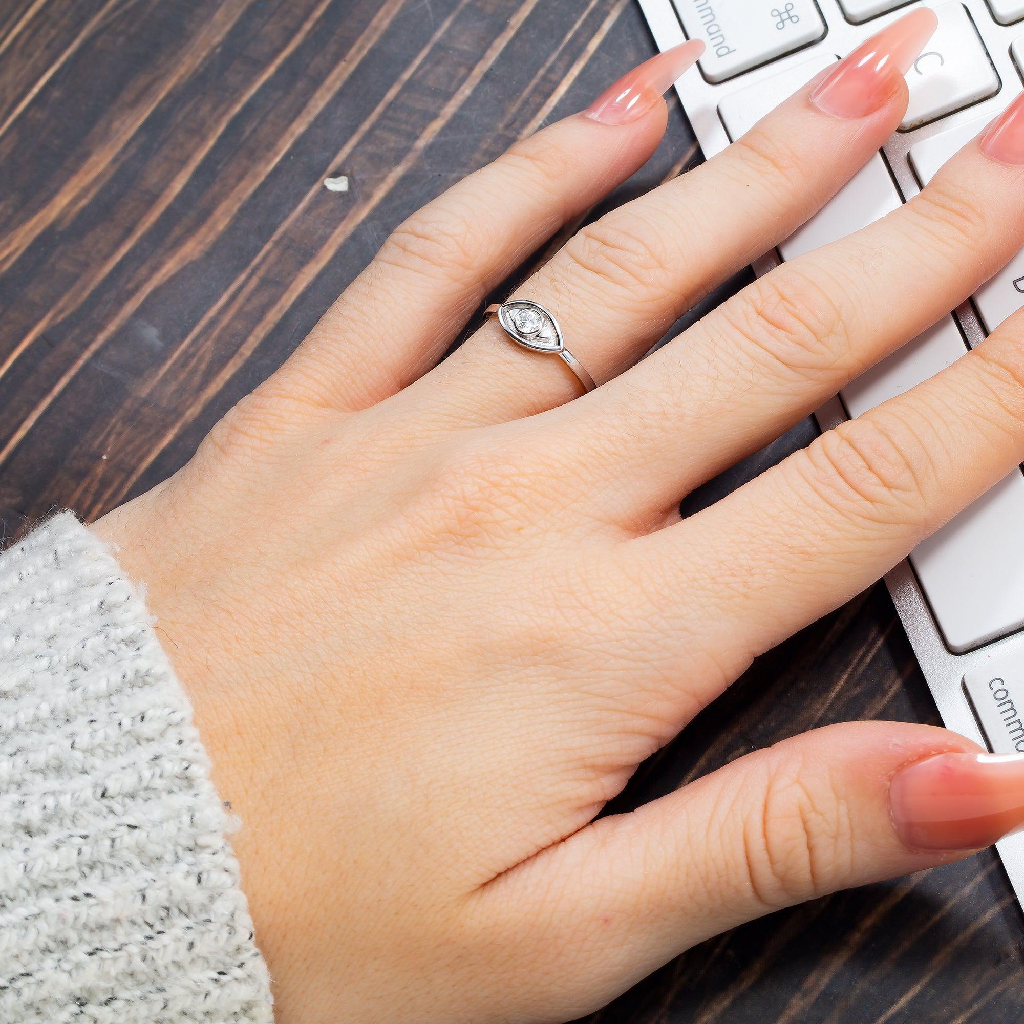 14K GOLD EVIL EYE RING DIAMOND BEZEL 0.10 CT