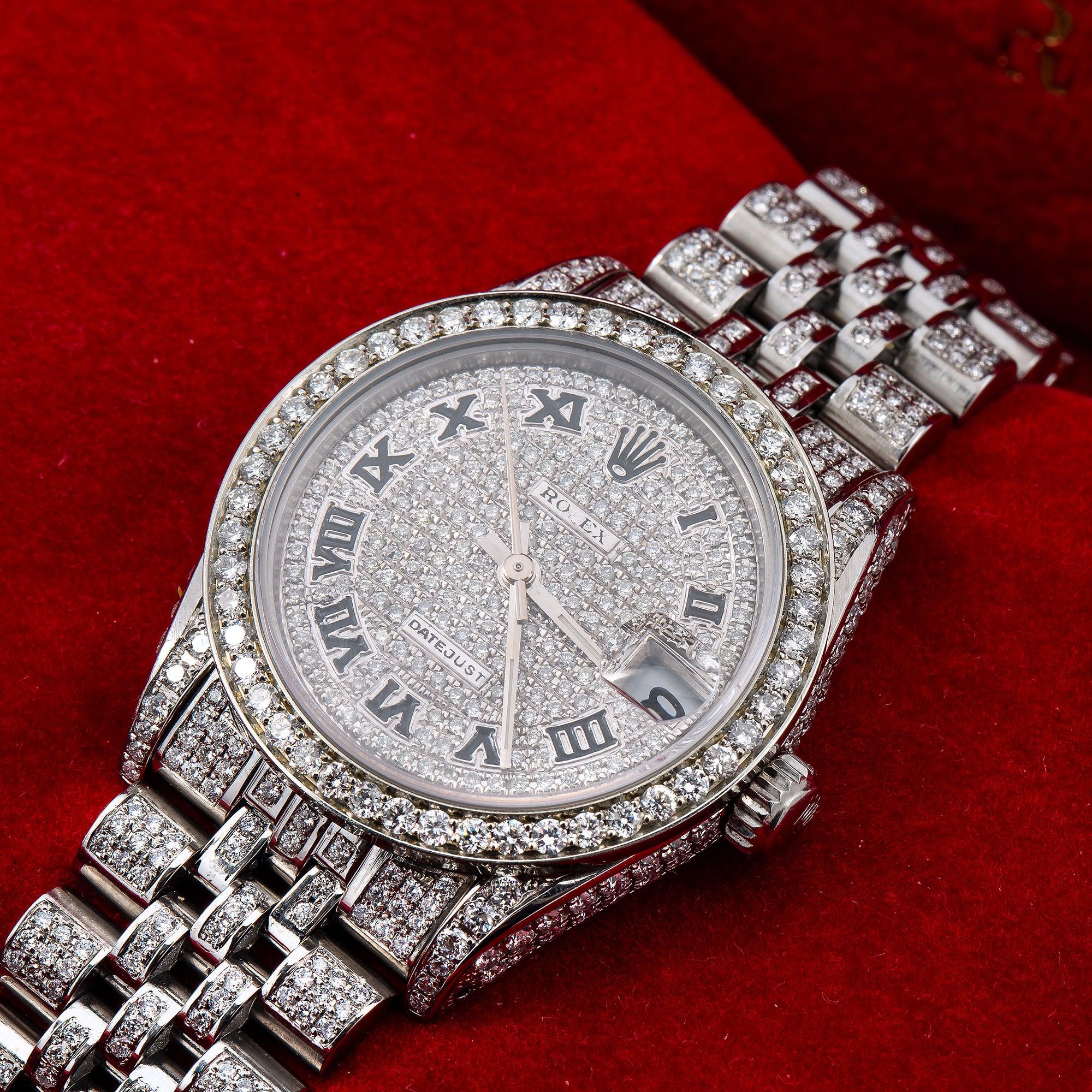 Rolex Datejust 31MM 68274 Diamond Paved Roman Dial Diamond Bezel Stainless Steel Full Diamond Jubilee Bracelet 12ct
