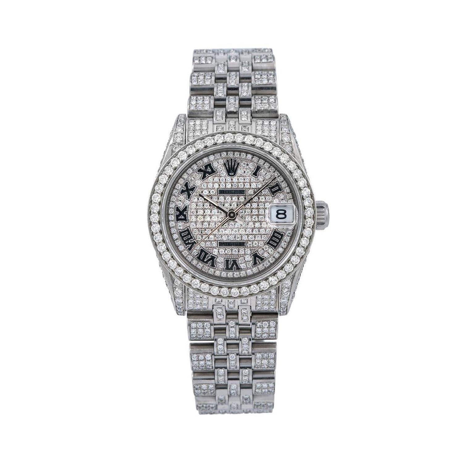 Rolex Datejust 31MM 68274 Diamond Paved Roman Dial Diamond Bezel Full Diamond Oyster Bracelet 12ct