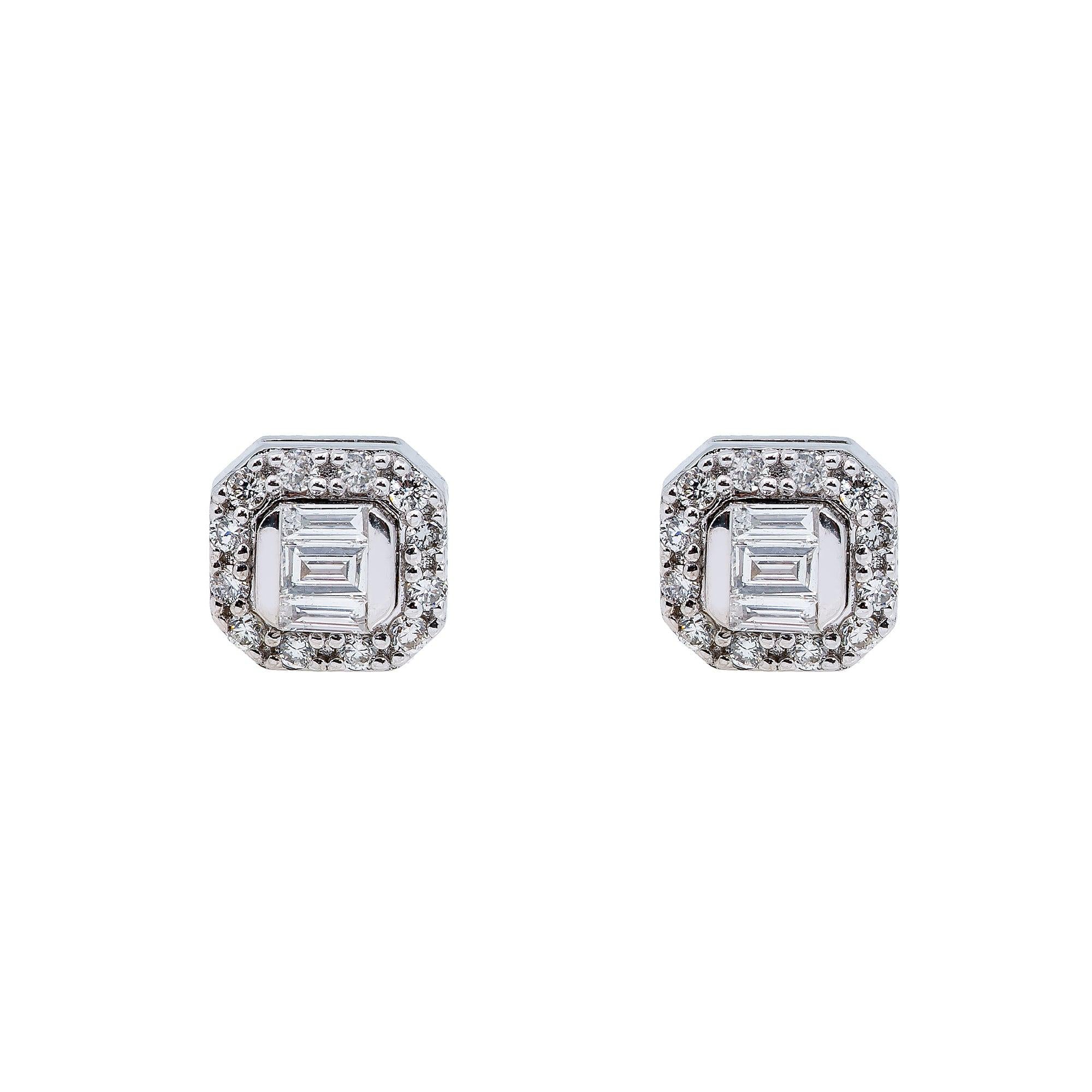 14K White Gold Unisex Earrings with 0.21 Baguette CT Diamond