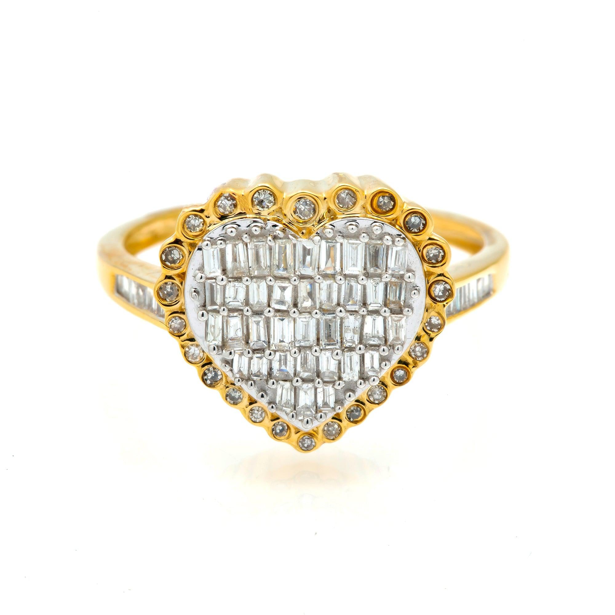 14K GOLD DIAMOND BAGUETTE HEART RING WITH ROUND BORDER 0.50 CT