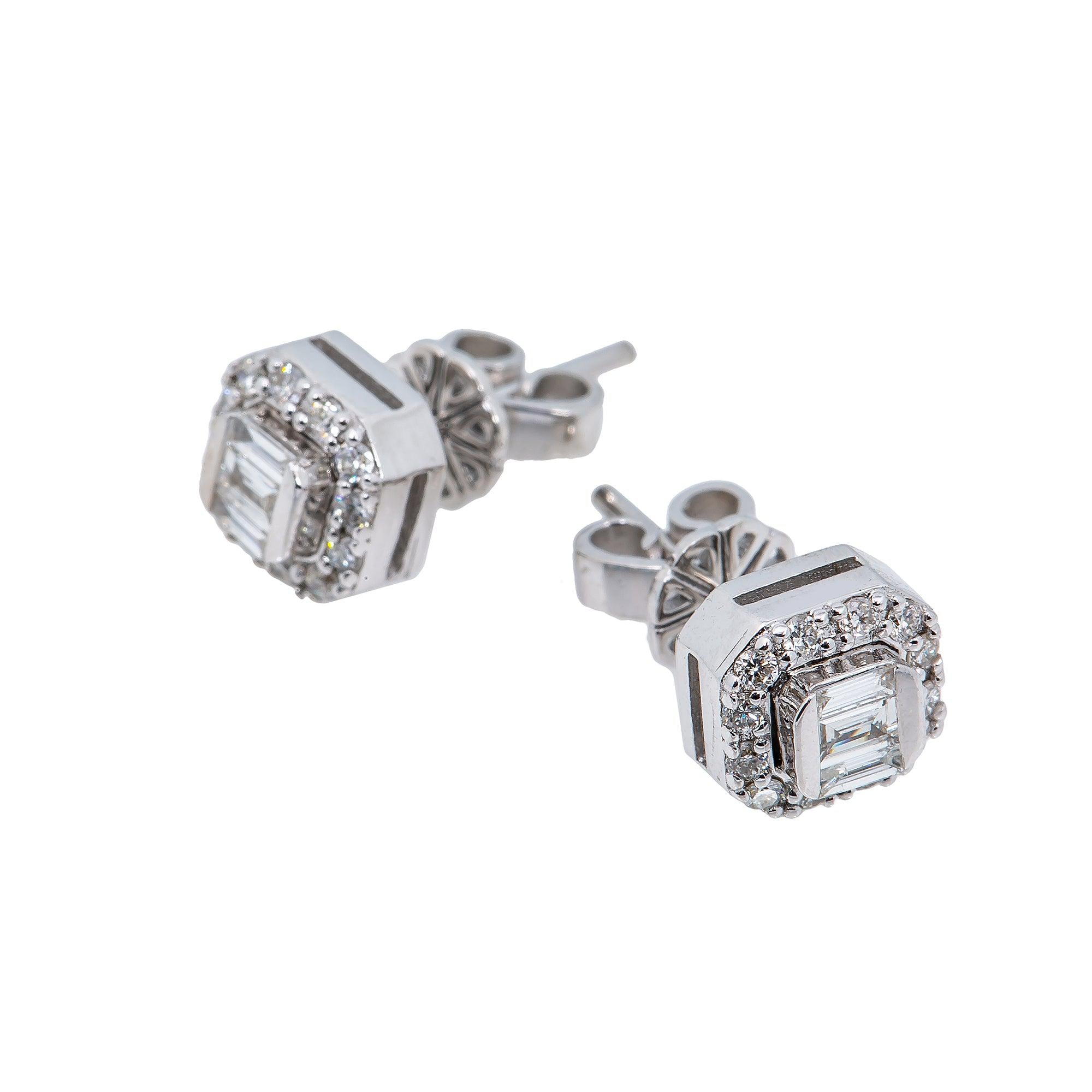 14K White Gold Unisex Earrings with 0.21 Baguette CT Diamond