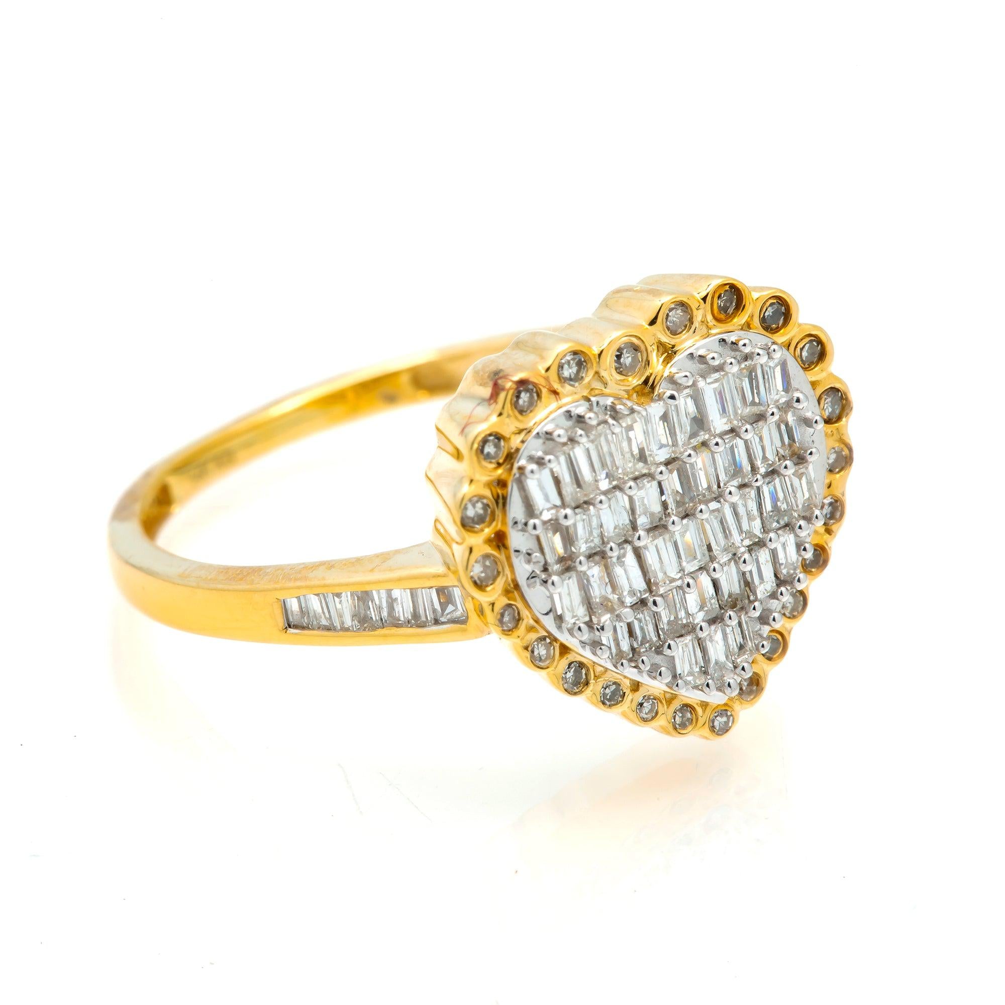 14K GOLD DIAMOND BAGUETTE HEART RING WITH ROUND BORDER 0.50 CT