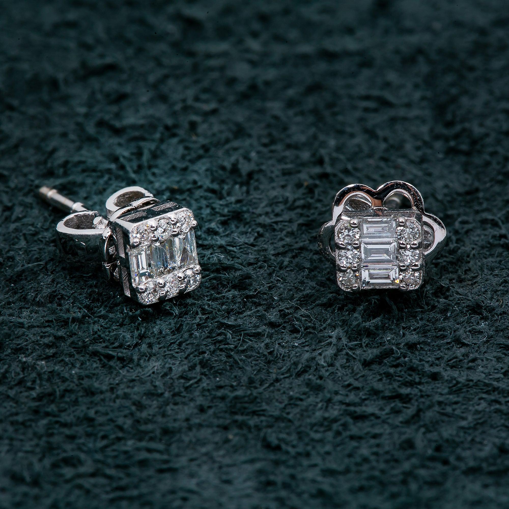 14K White Gold Ladies Heart Shape Earrings with 0.84 Baguette CT Diamond