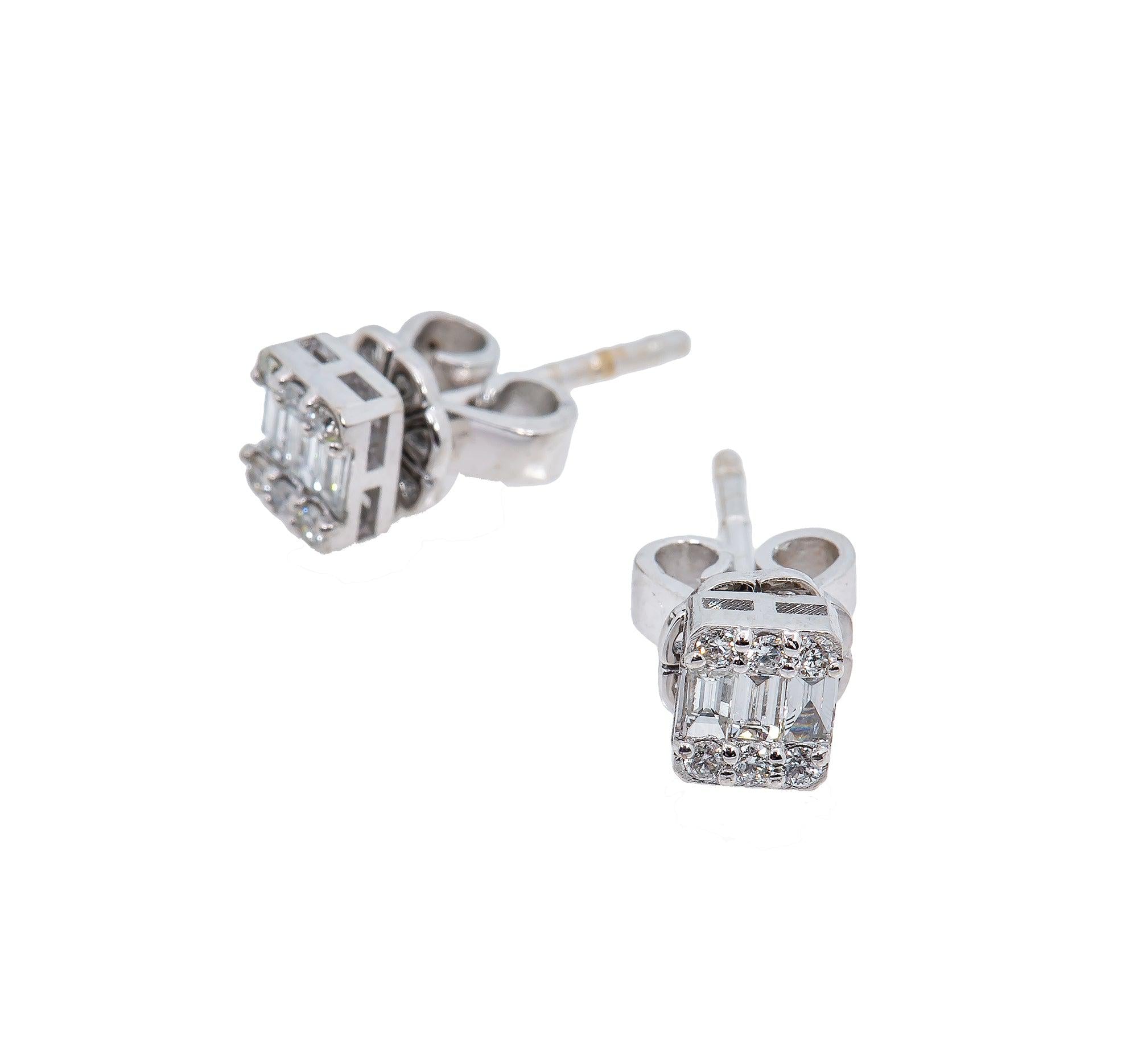 14K White Gold Unisex Earrings with 0.23 Baguette CT Diamond