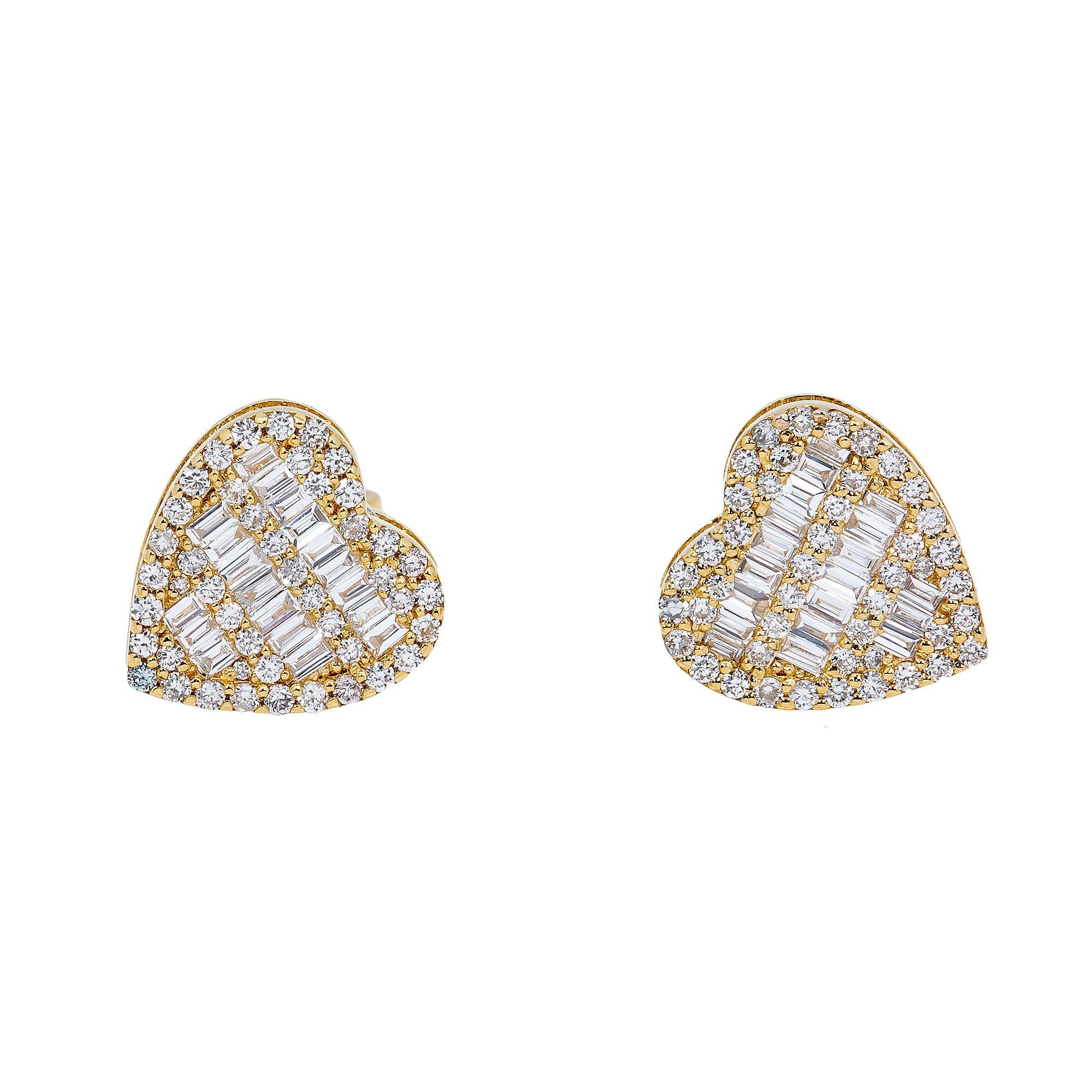 14K Yellow Gold Ladies Heart Shape Earrings with 0.84 Baguette CT Diamond