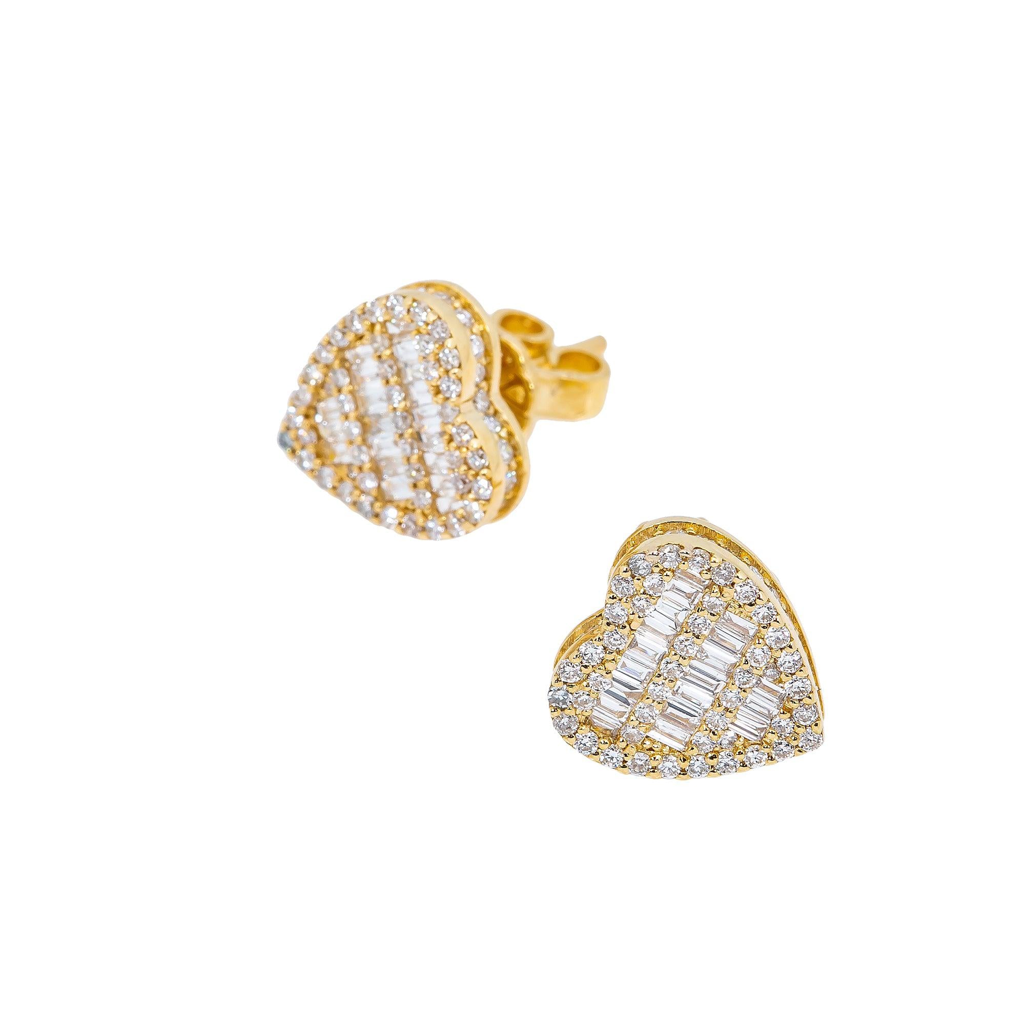 14K Yellow Gold Ladies Heart Shape Earrings with 0.84 Baguette CT Diamond