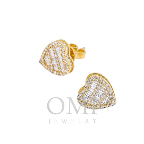 14K Yellow Gold Ladies Heart Shape Earrings with 0.84 Baguette CT Diamond