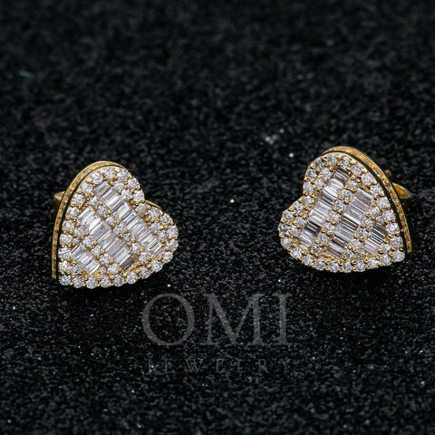 14K Yellow Gold Ladies Heart Shape Earrings with 0.84 Baguette CT Diamond