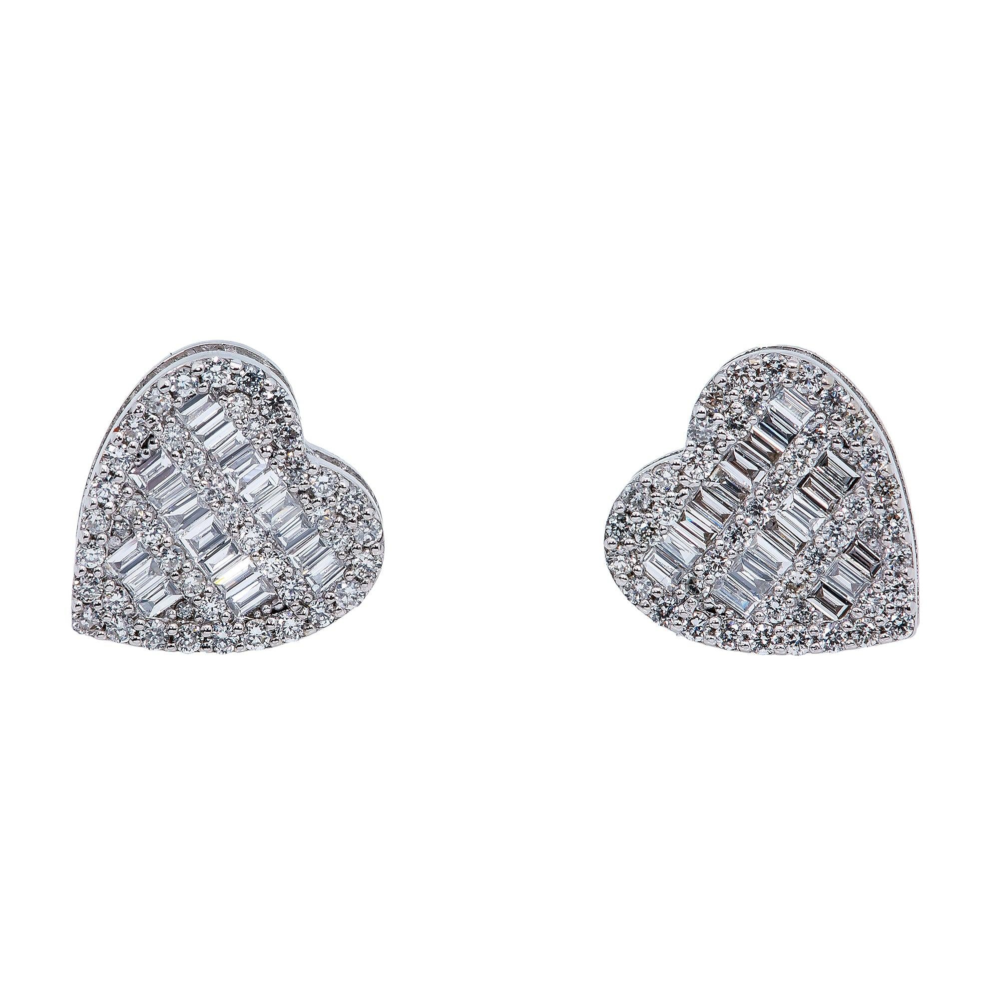 14K WHITE GOLD BAGUETTE DIAMOND HEART EARRINGS 0.84 CTW