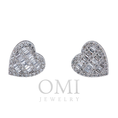 14K White Gold Ladies Heart Shape Earrings with 0.84 Baguette CT Diamond