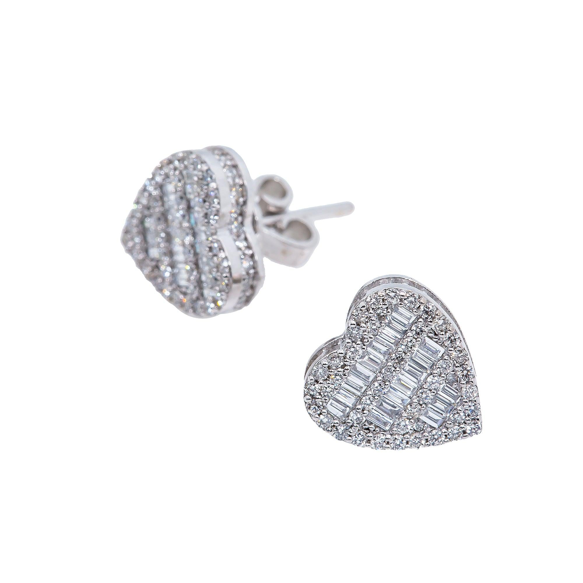 14K WHITE GOLD BAGUETTE DIAMOND HEART EARRINGS 0.84 CTW