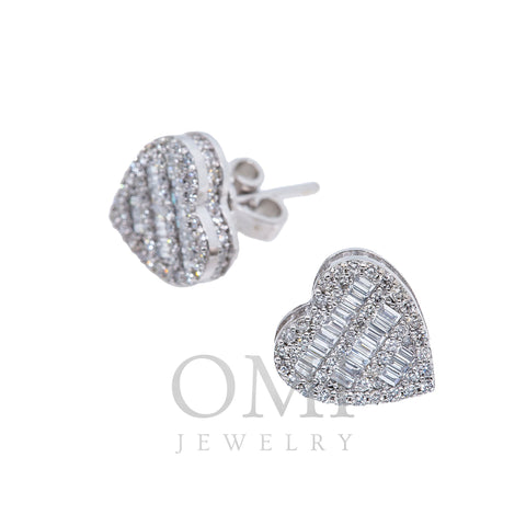 14K White Gold Ladies Heart Shape Earrings with 0.84 Baguette CT Diamond