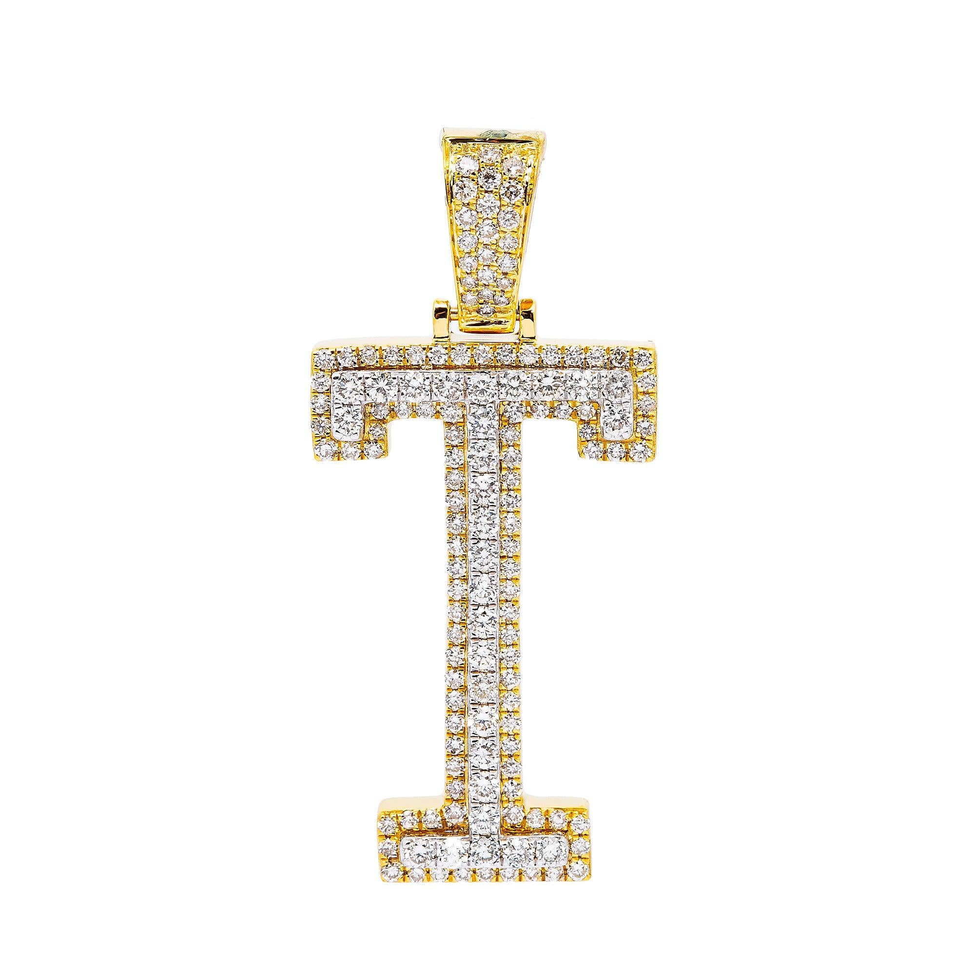 10K YELLOW GOLD UNISEX LETTER T  PENDANT WITH 1.25 CT DIAMONDS