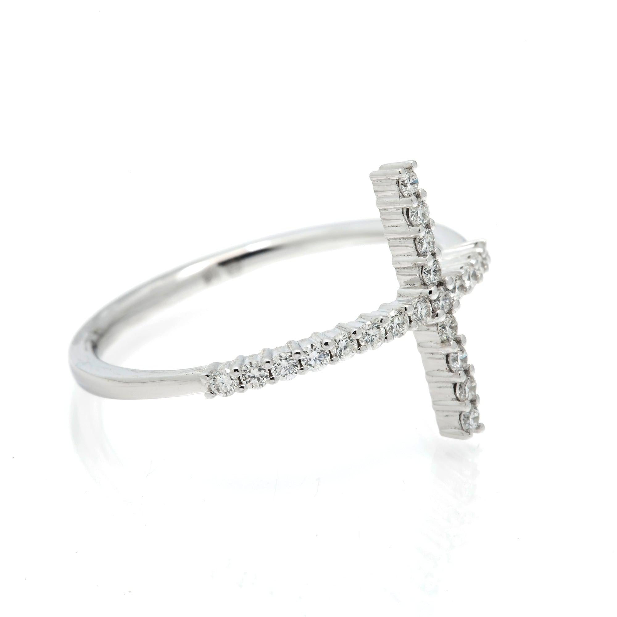 14K GOLD DIAMOND PRONG SET SIDEWAYS CROSS RING 0.25 CT