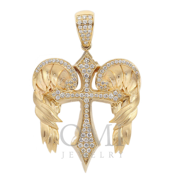 14K Yellow Gold Diamond Angel Wings Cross Shaped Pendant