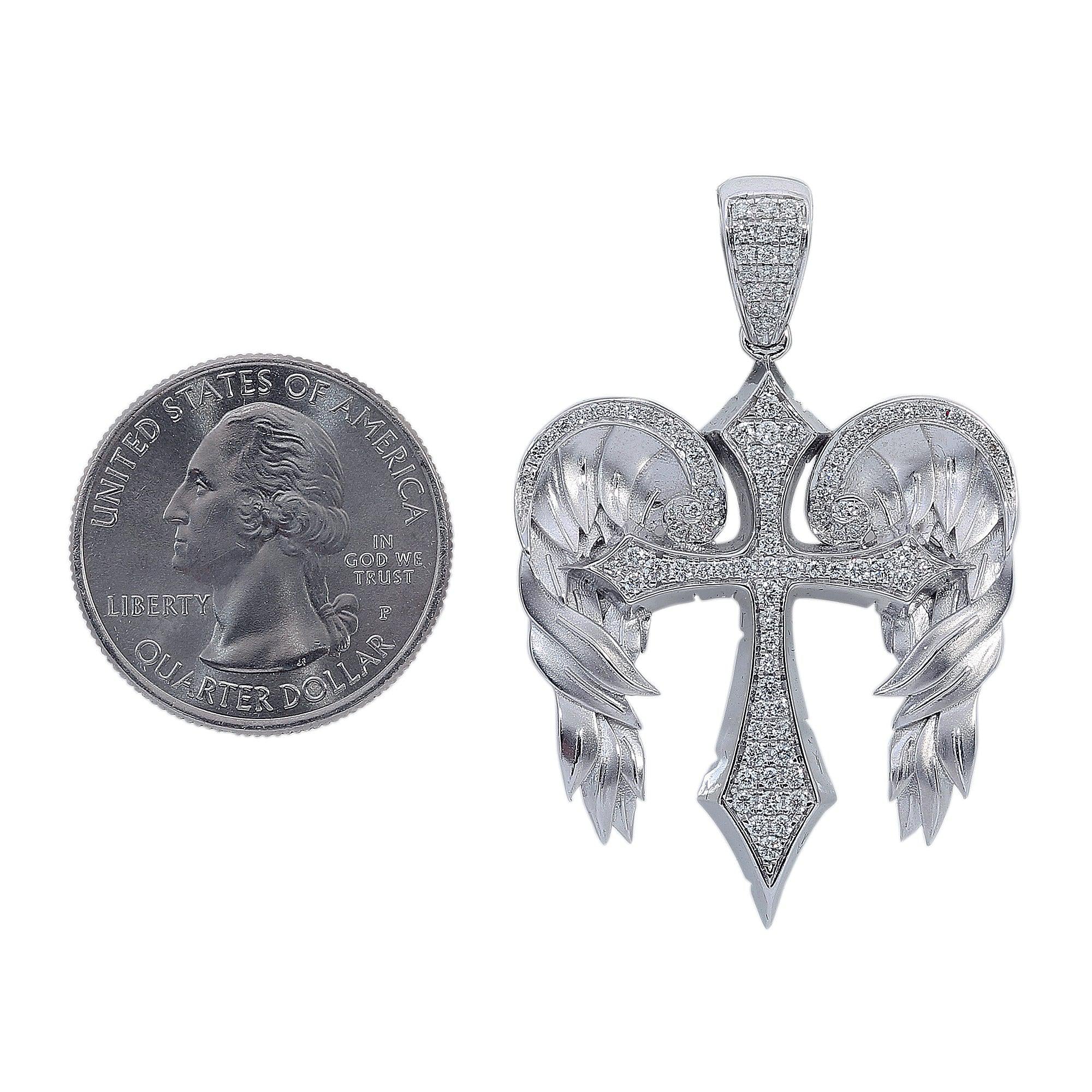 14K White Gold Diamond Angel Wings Cross Shaped Pendant