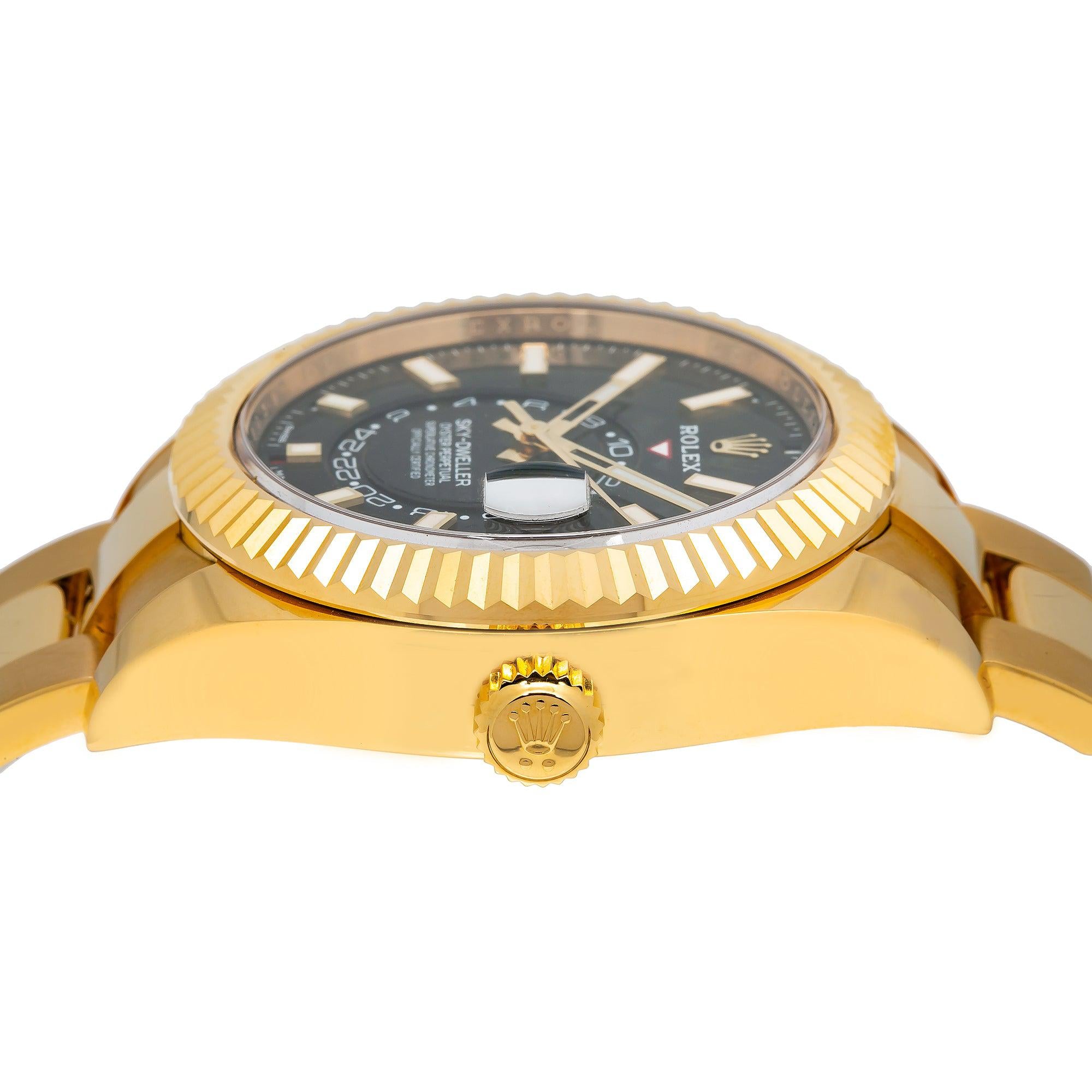 Rolex Sky-Dweller 42MM 326938 Black Dial Fluted Bezel 18K Yellow Gold Oyster Bracelet