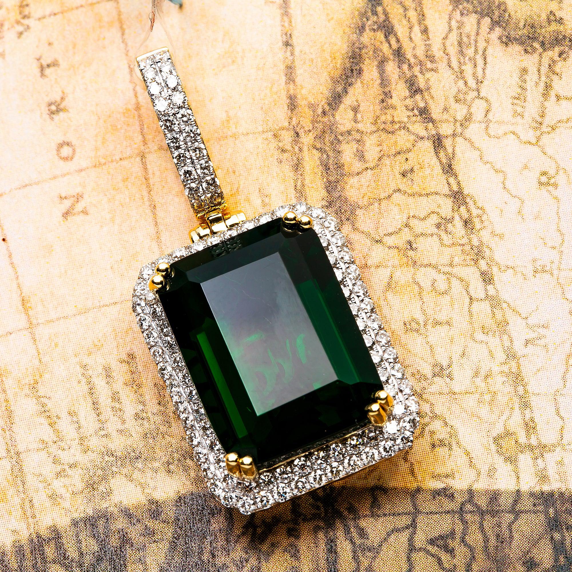 14K YELLOW GOLD LADIES  EMERALD PENDANT WITH 1.15 CT DIAMONDS