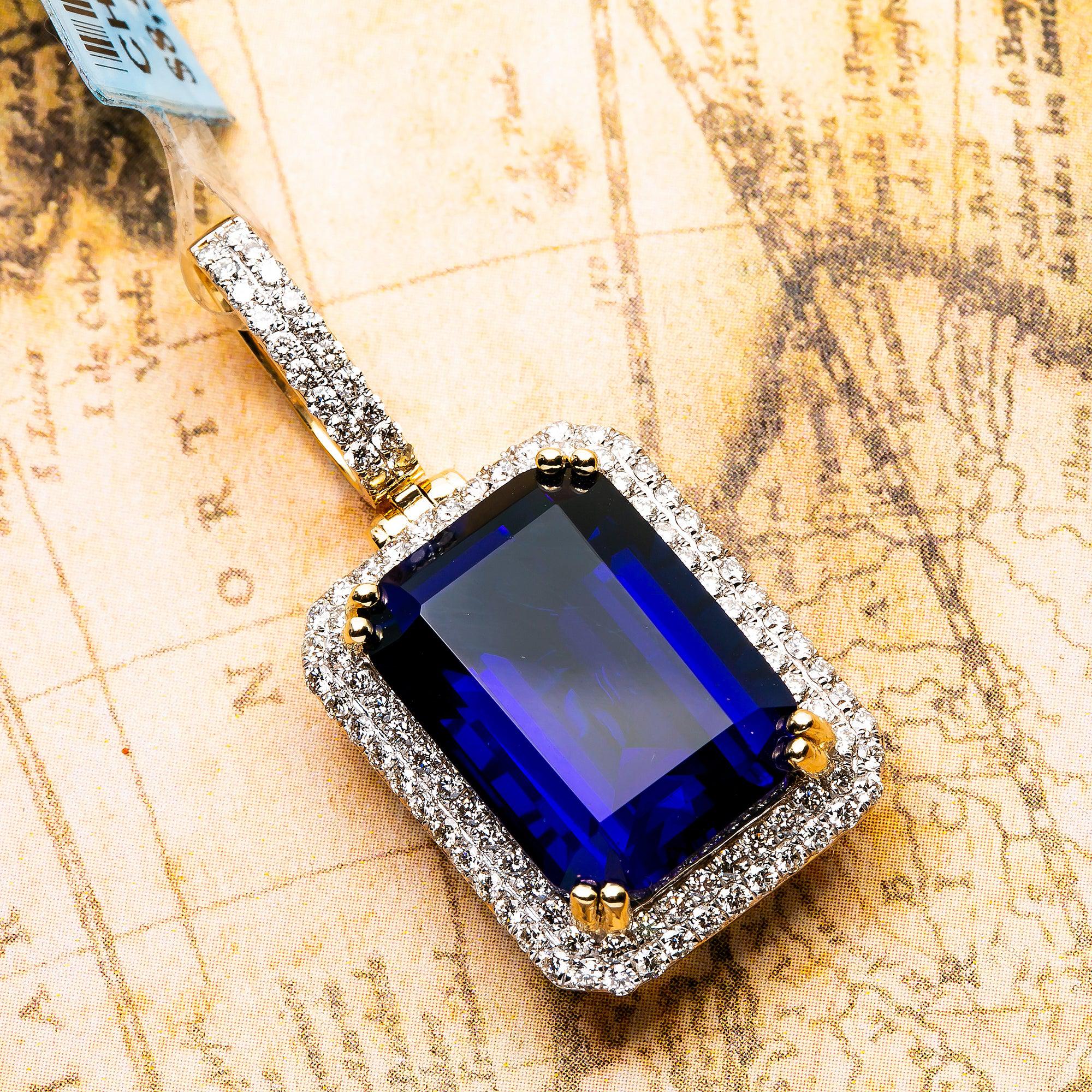 14K YELLOW GOLD LADIES  SAPPHIRE PENDANT WITH 1.15 CT DIAMONDS