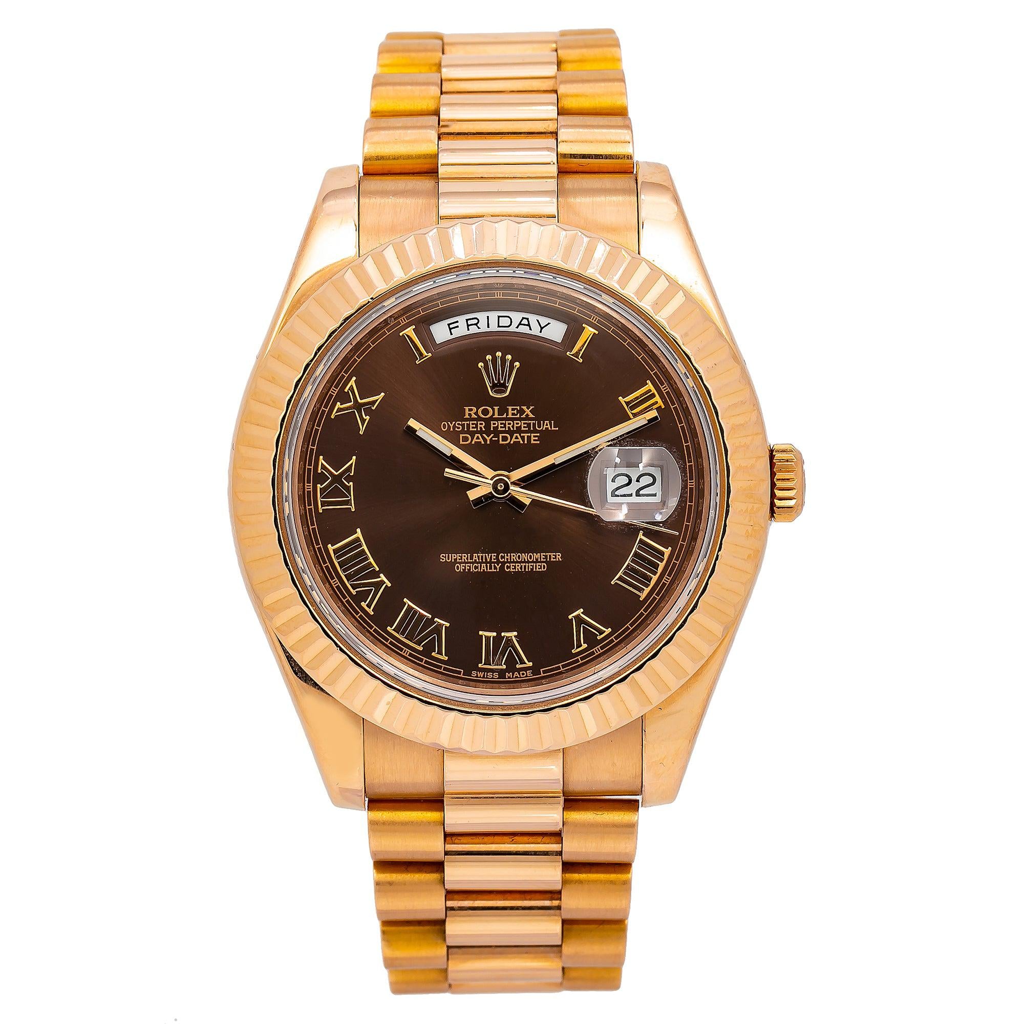 Rolex Day-Date II 41MM 218235 Chocolate Roman Dial Rose Gold Fluted Bezel 18K Rose Gold President Bracelet