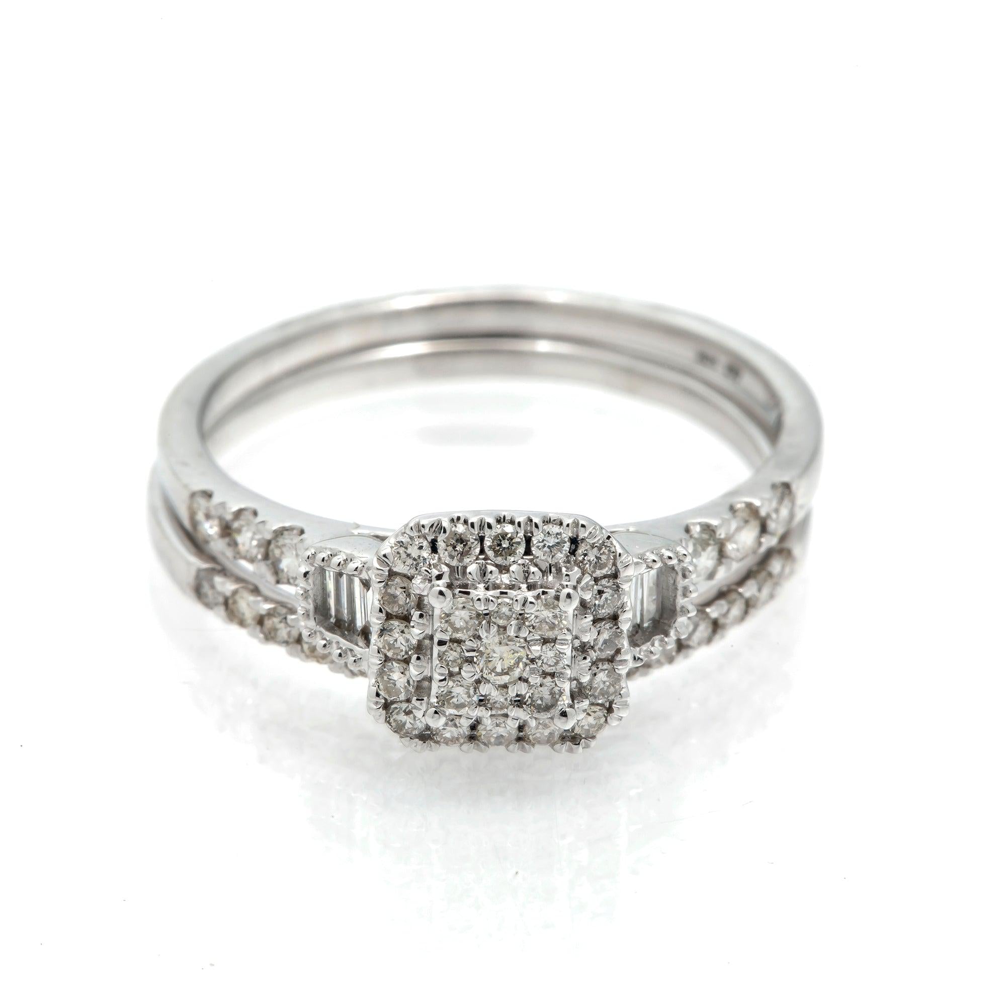 14K GOLD SQUARE CLUSTER BRIDAL SET 0.50 CT SQUARE HALO BAGUETTE SIDES