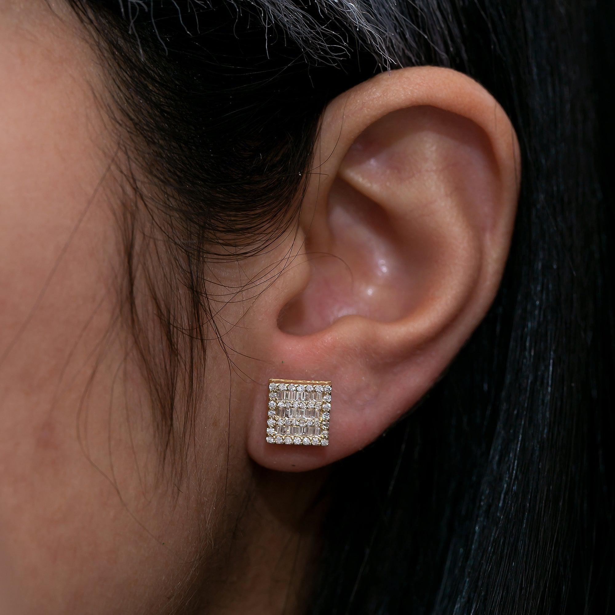 14K Yellow Gold Ladies Earrings with 0.80 CT Baguette Diamond