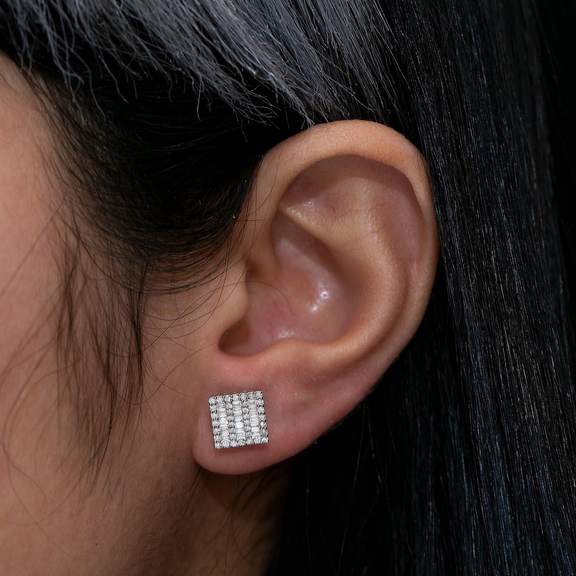 14K White Gold Ladies Earrings with 0.60 CT Baguette Diamond