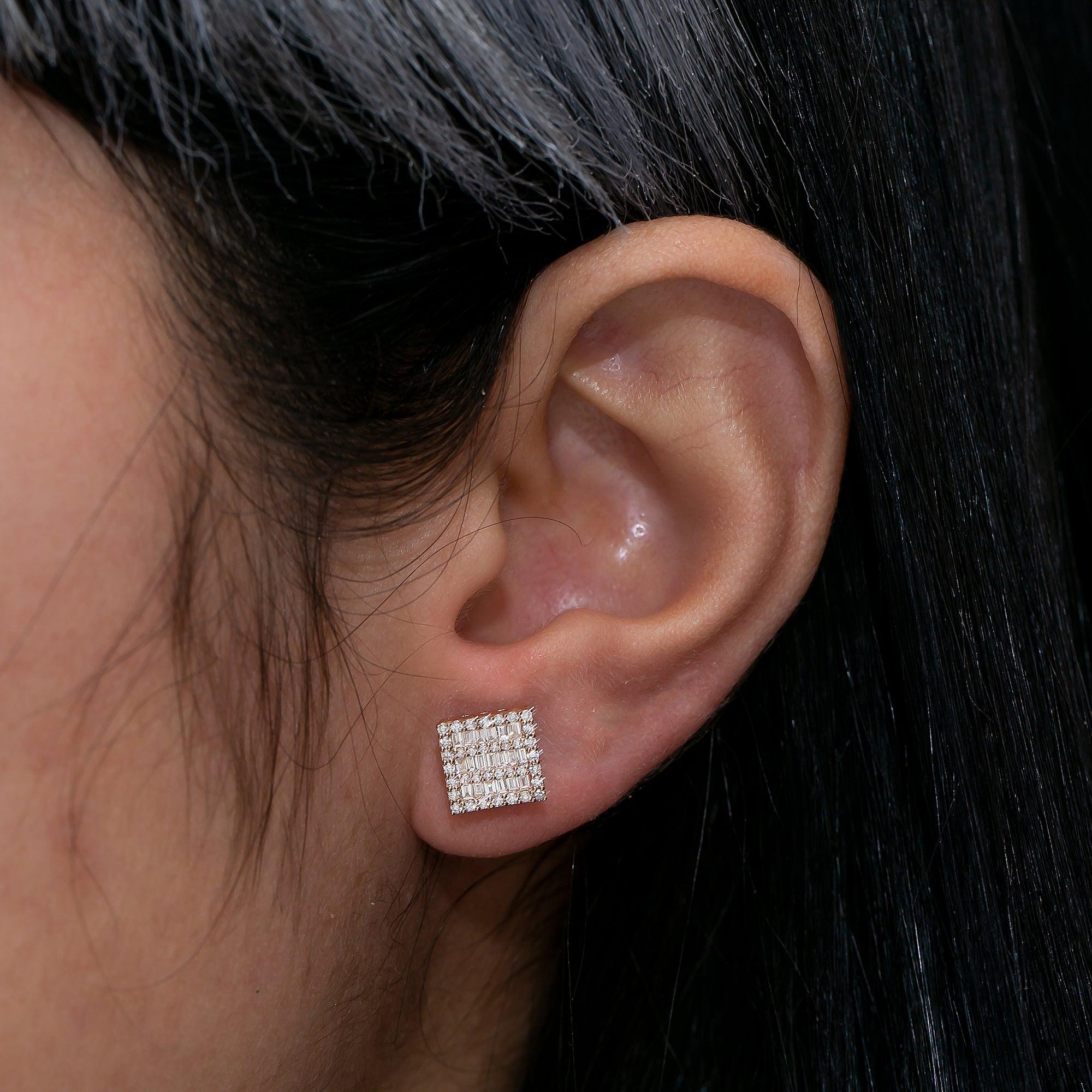 14K Rose Gold Ladies Earrings with 0.60 CT Baguette Diamond