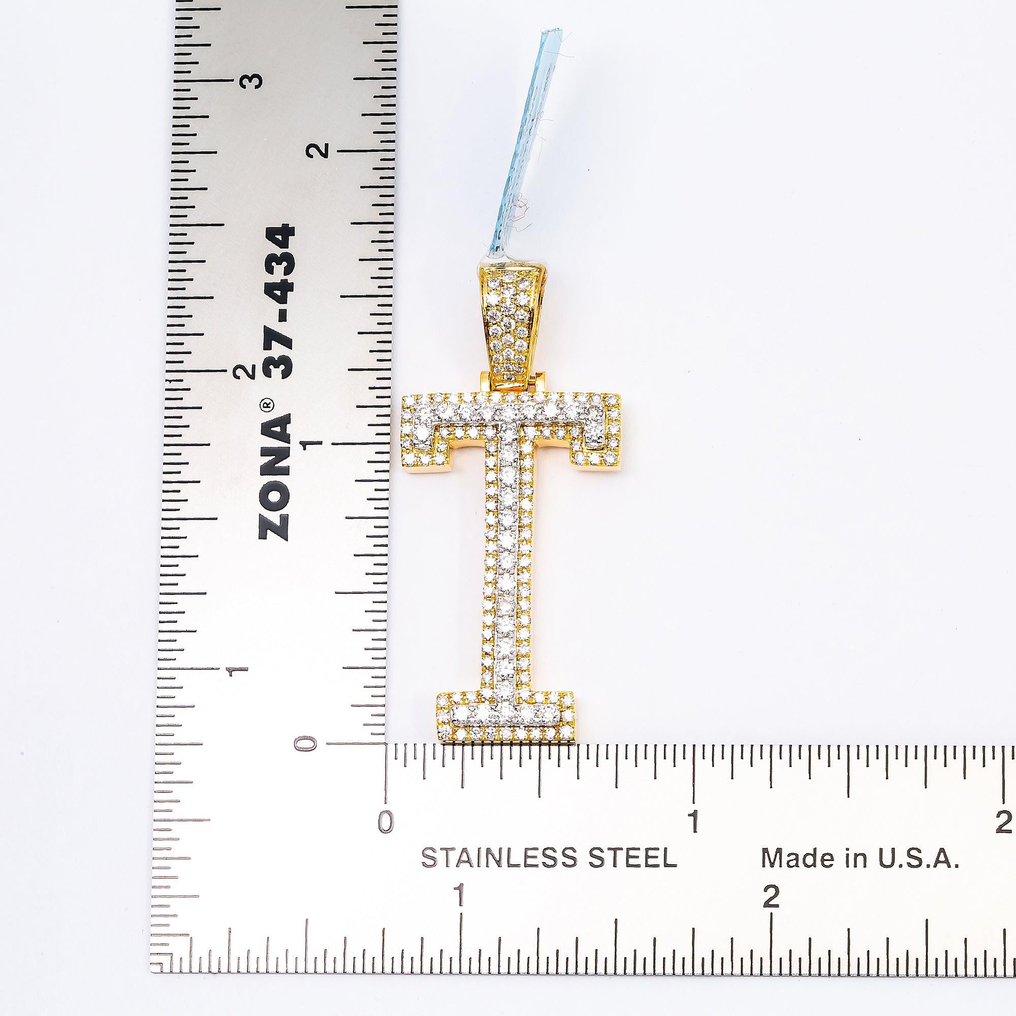 10K YELLOW GOLD UNISEX LETTER T  PENDANT WITH 1.25 CT DIAMONDS