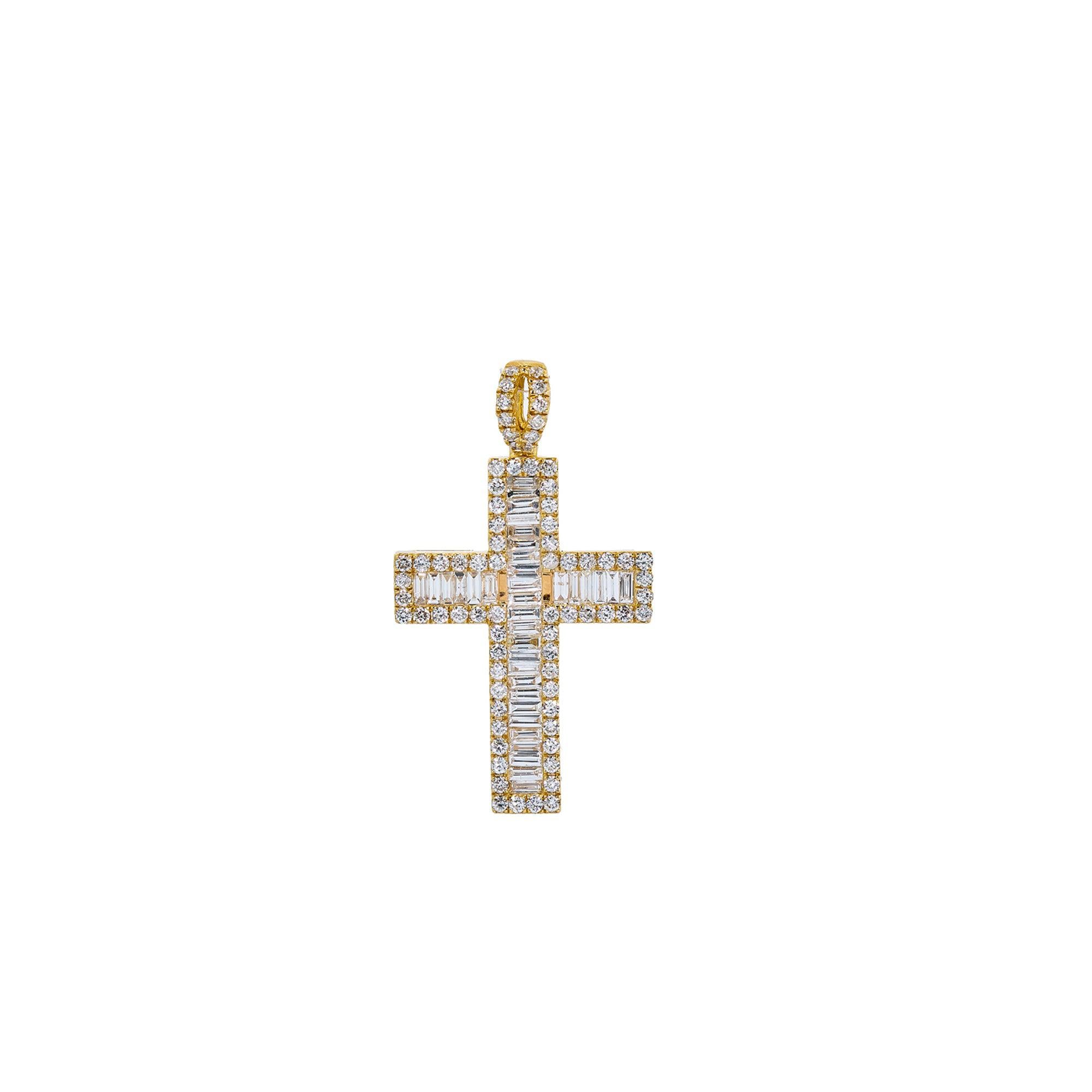 14K White Gold Cross Pendant with 0.82 CT Baguette Diamonds