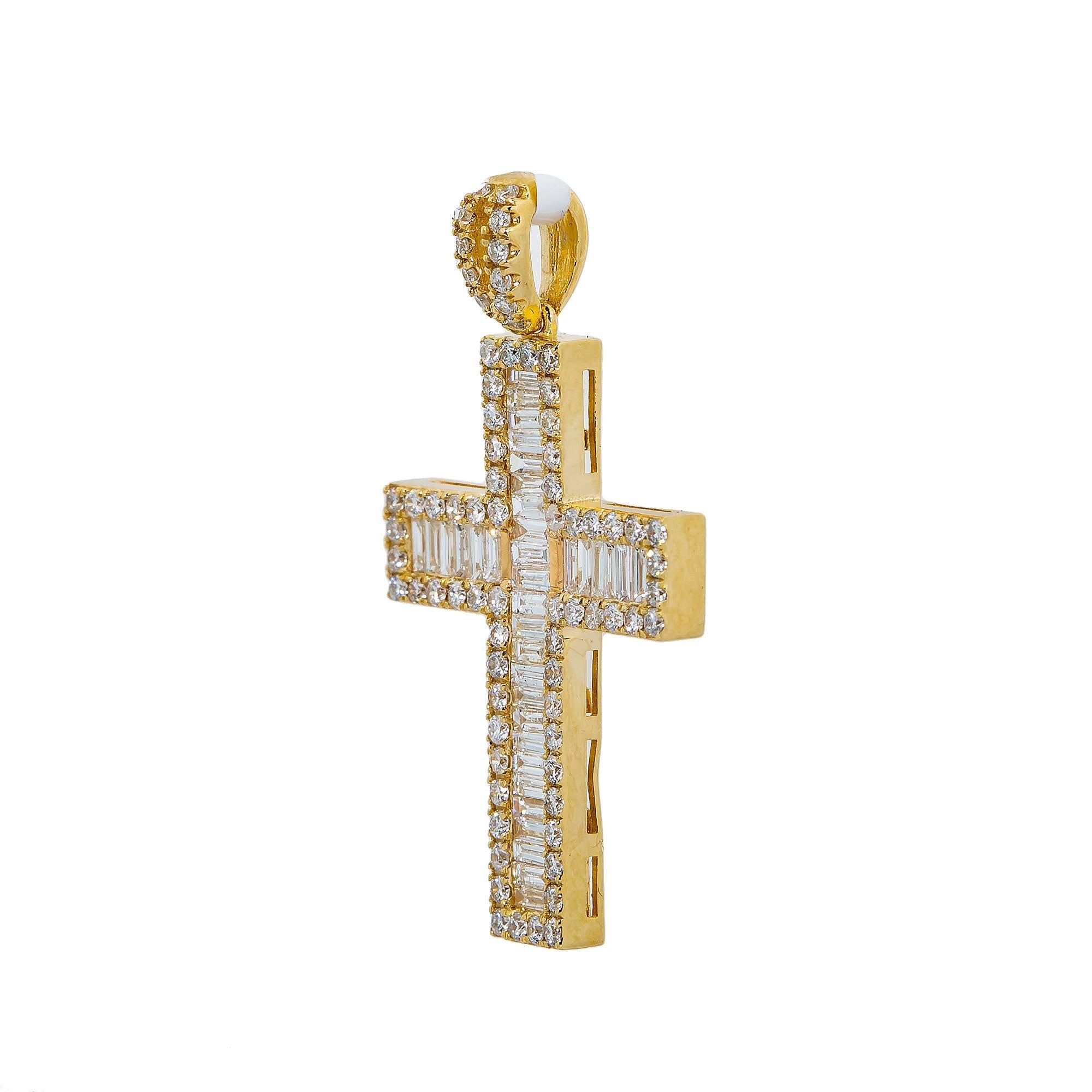 14K White Gold Cross Pendant with 0.82 CT Baguette Diamonds