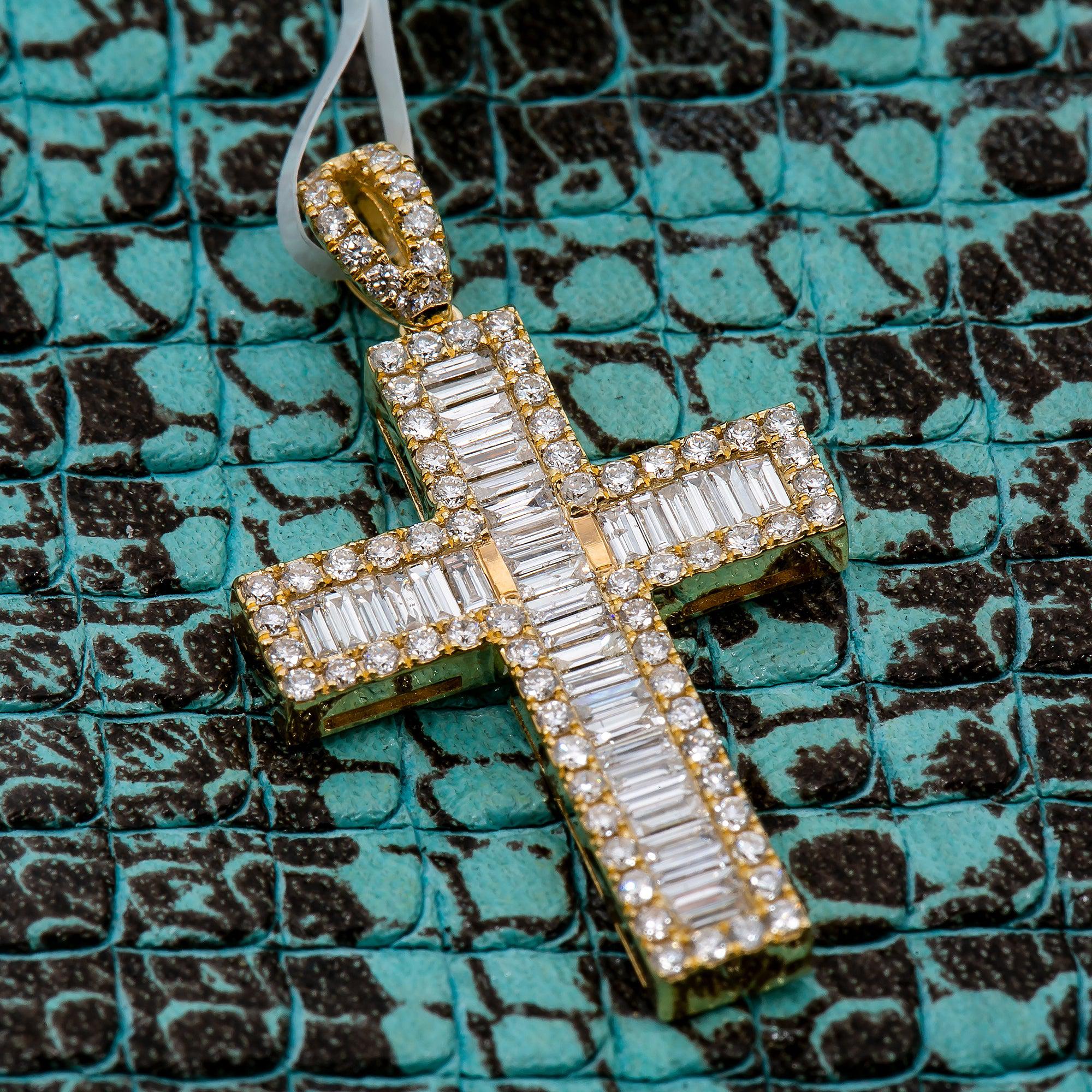 14K White Gold Cross Pendant with 0.82 CT Baguette Diamonds