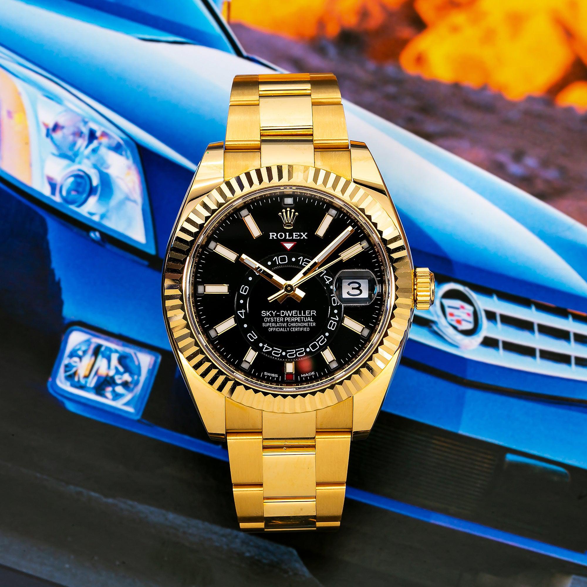 Rolex Sky-Dweller 42MM 326938 Black Dial Fluted Bezel 18K Yellow Gold Oyster Bracelet