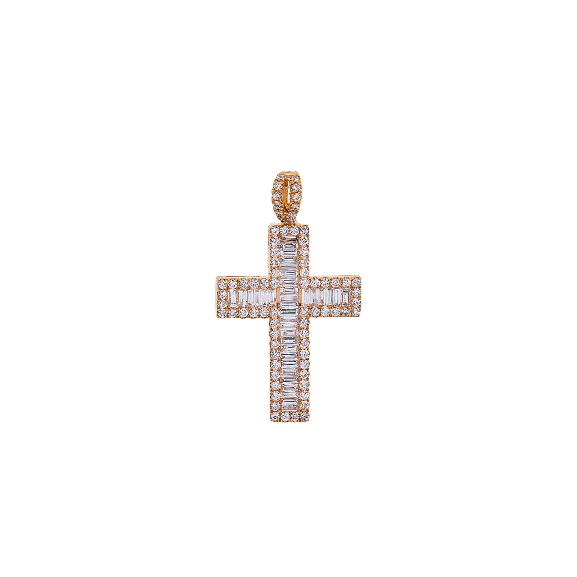 14K Rose Gold Cross Pendant with 0.82 CT Baguette Diamonds