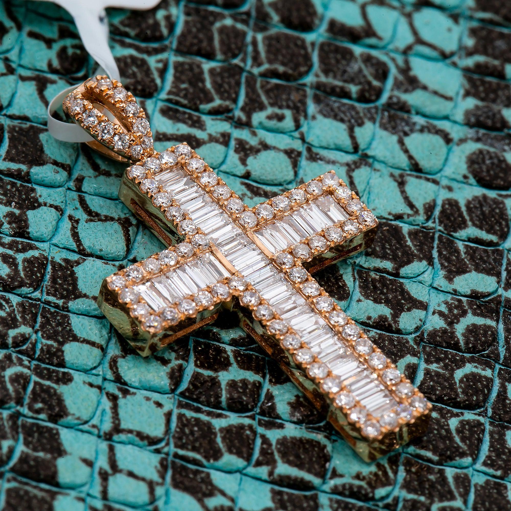 14K Rose Gold Cross Pendant with 0.82 CT Baguette Diamonds