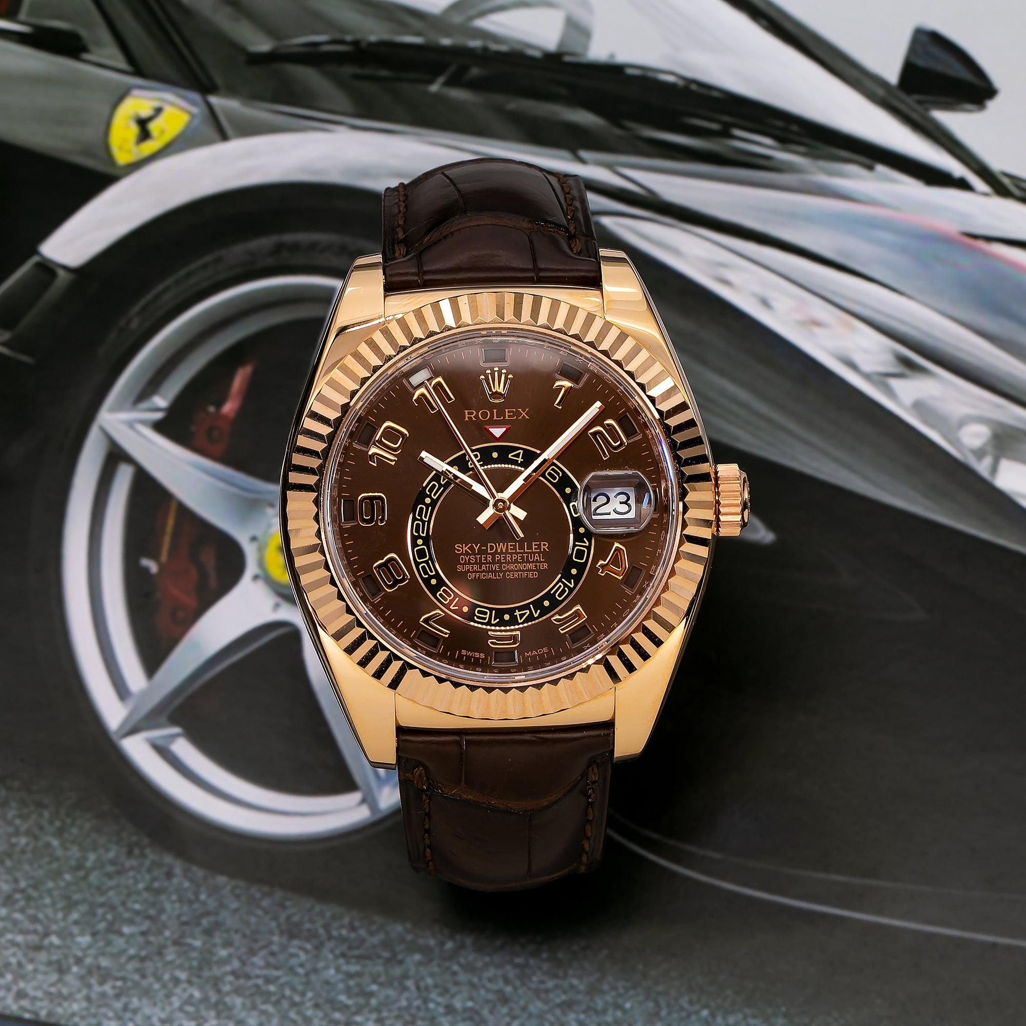 Rolex Sky-Dweller 42MM 326135 Chocolate Arabic Dial Fluted Bezel Brown Leather Strap