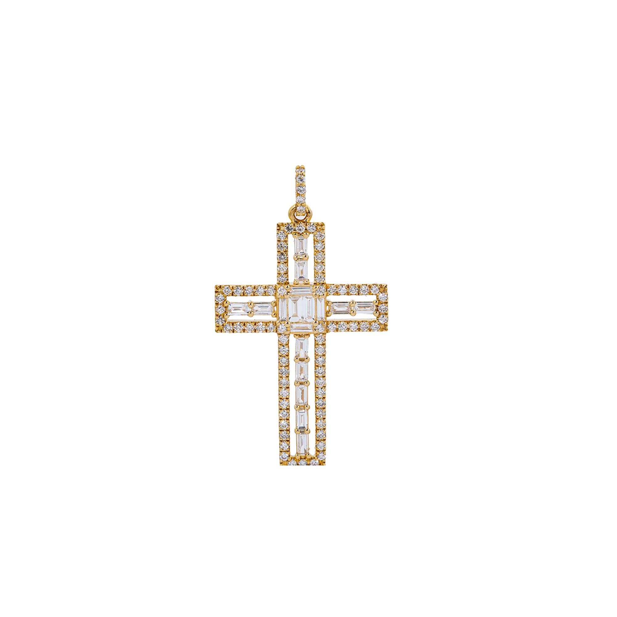 14K Yellow Gold Cross Pendant with 0.90 CT Baguette & Round Diamonds
