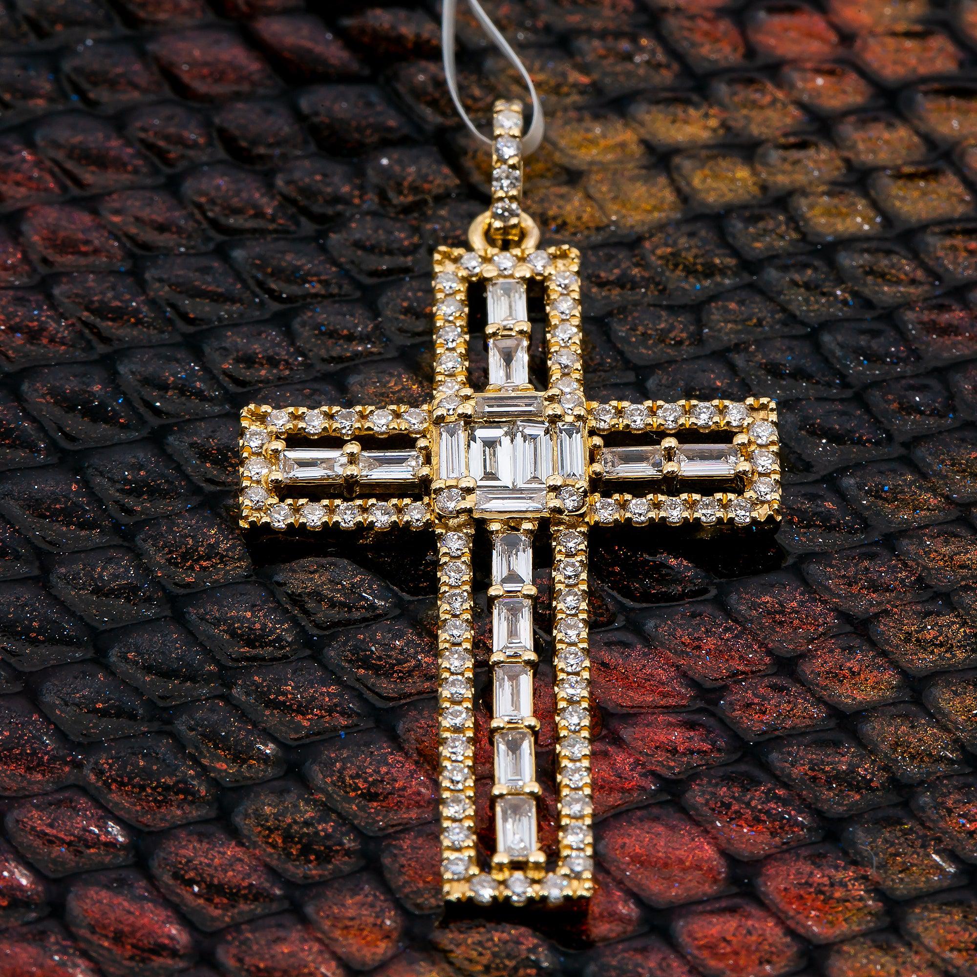 14K Yellow Gold Cross Pendant with 0.90 CT Baguette & Round Diamonds