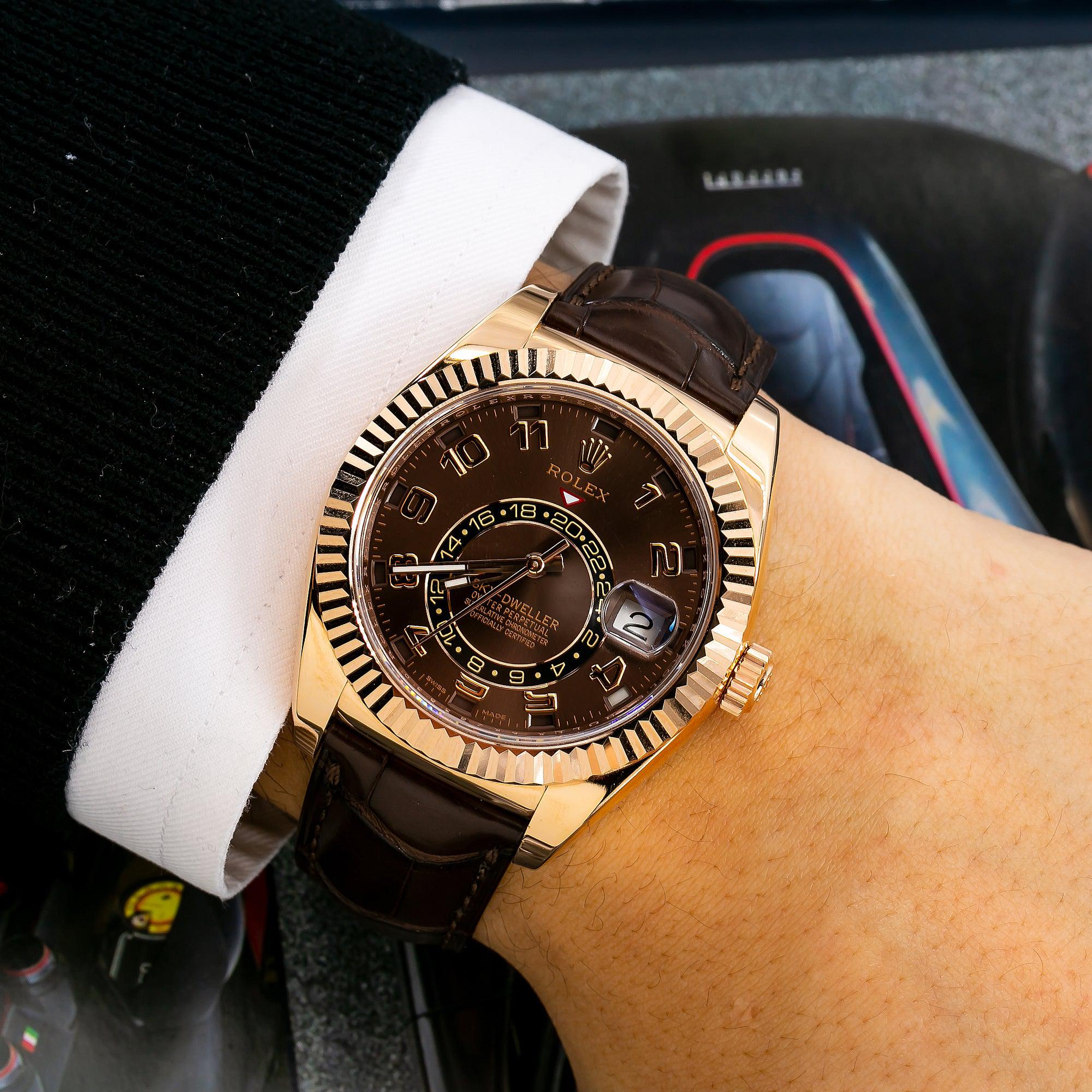 Rolex Sky-Dweller 42MM 326135 Chocolate Arabic Dial Fluted Bezel Brown Leather Strap