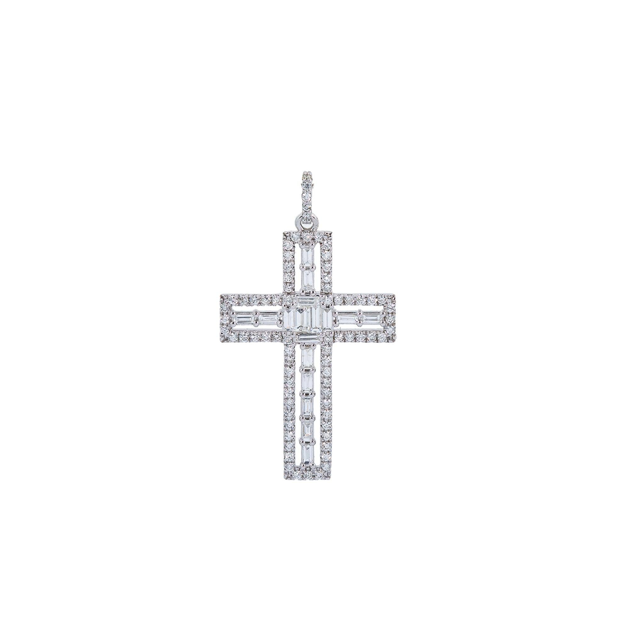 14K White Gold Cross Pendant with 0.90 CT Baguette and Round Diamonds