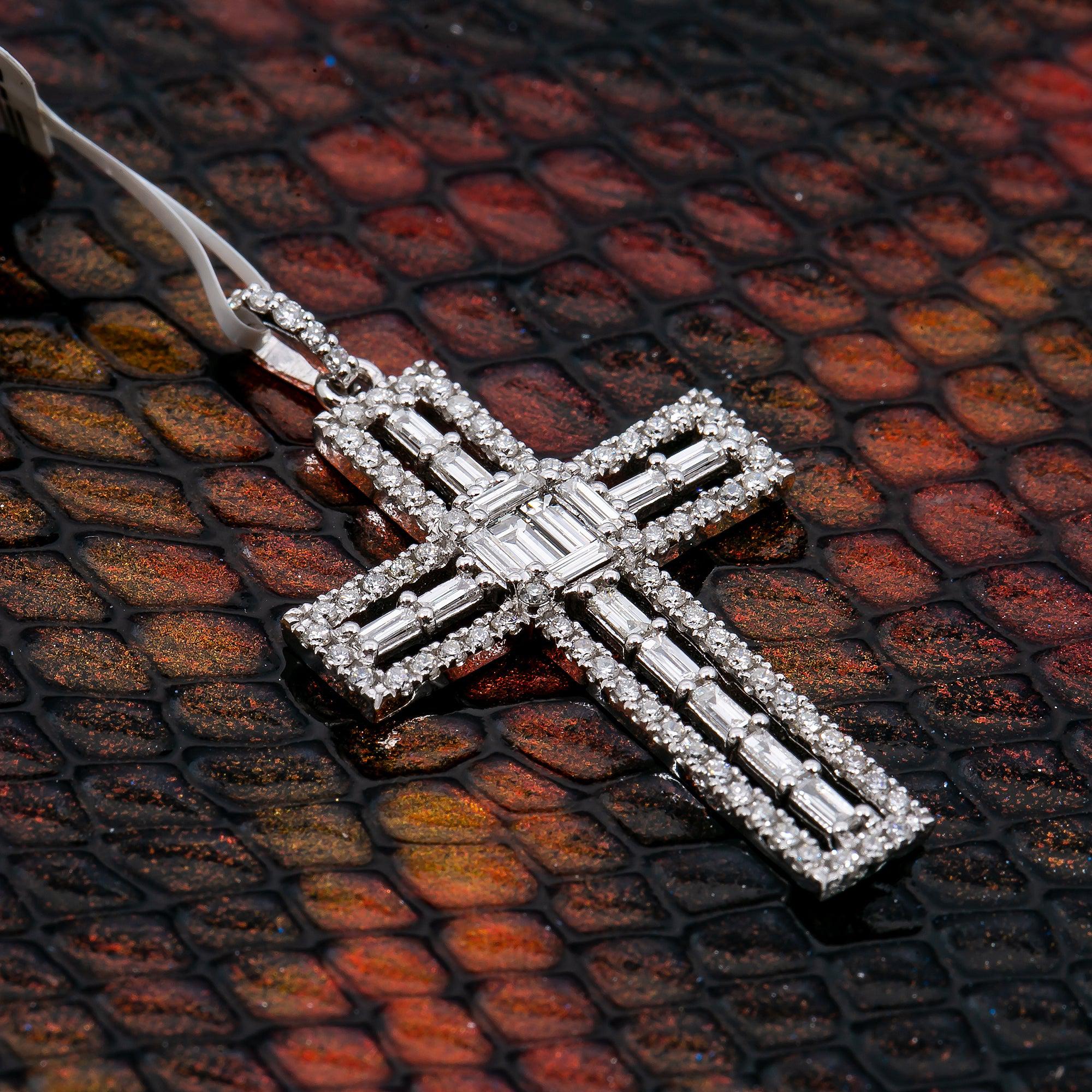 14K White Gold Cross Pendant with 0.90 CT Baguette and Round Diamonds