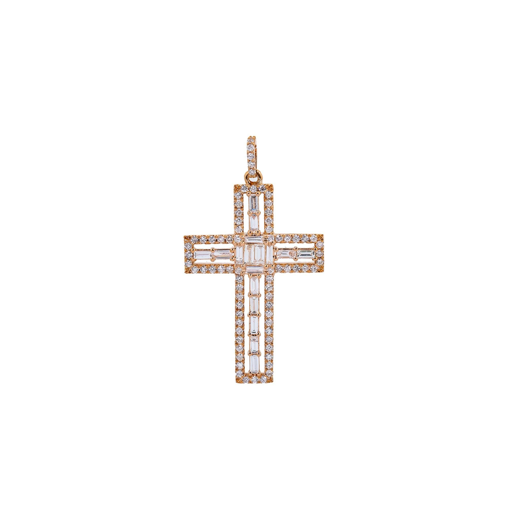 14K Rose Gold Cross Pendant with 0.90 CT Baguette And Round Diamonds